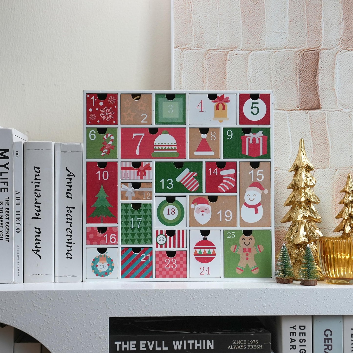 Wooden Advent Calendar with 25 Drawers for Kids, Refillable Advent Calendar for 2025, Red&Green Reusable Christmas Countdown Calendar with Classic Holiday Designs - Medaid International