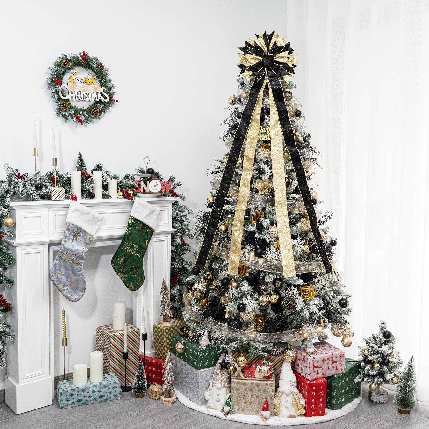 Hismir Christmas Tree Topper Bow, 53x13 Inches Large Christmas Bow with Glitter Streamer, Decorative Ribbon Bows for Xmas Tree Wreath Door Festival Home Decor(Black & Gold) - Medaid International
