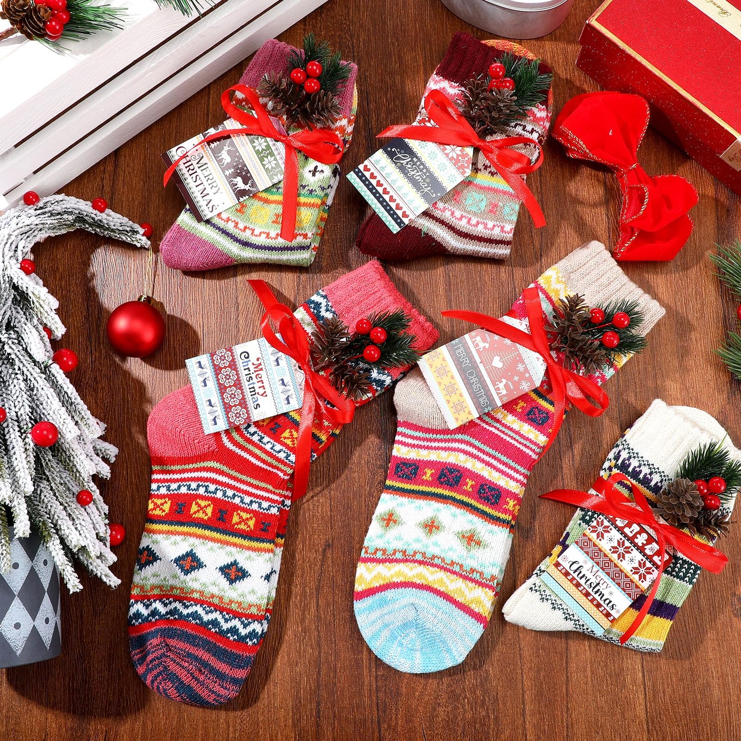 Capoda 10 Set Christmas Socks Gift Set for Women Merry Christmas Fair Isle Fuzzy Ugly Sweater Socks with Cards Pine Cones Xmas Tree Ornament for Winter Holiday Stocking Stuffers - Medaid International