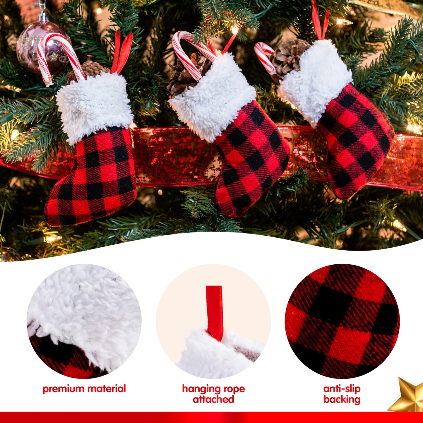 JOYIN 12 PCS 5” Mini Christmas Stocking,Red Black Plaid Xmas Stockings for Christmas Tree Decoration, Party Favors and Holiday Season Supplies - Medaid International