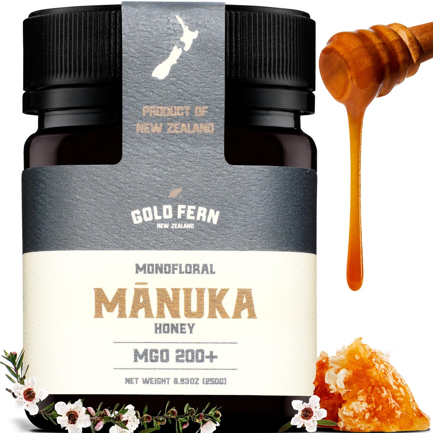 Gold Fern Honey - Raw New Zealand Manuka Honey | 8.8oz MGO 200+ | Pure, Natural, Unpasteurized, and Unfiltered Superfood Honey, Traceable from Hive to Hand. - Medaid International