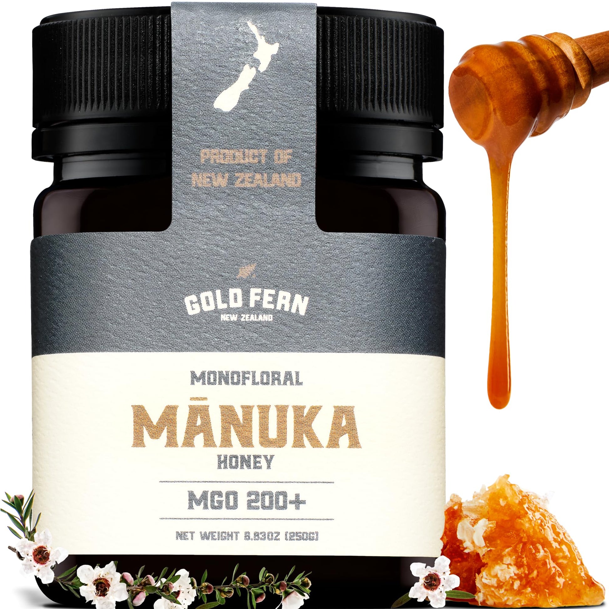 Gold Fern Honey - Raw New Zealand Manuka Honey | 8.8oz MGO 200+ | Pure, Natural, Unpasteurized, and Unfiltered Superfood Honey, Traceable from Hive to Hand. - Medaid International