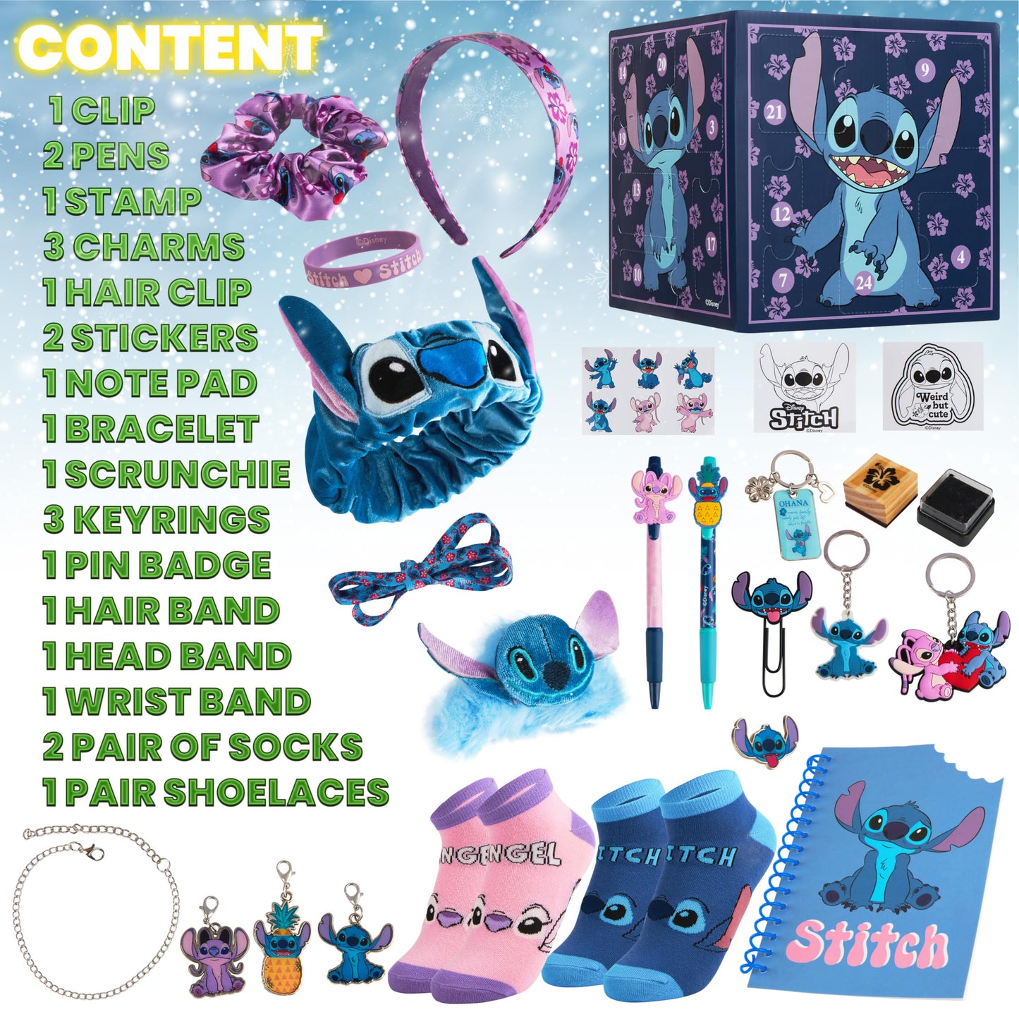 Disney Stitch Girls Advent Calendar 2025 with 24 Accessories, Charms, Socks, Keyrings, Scrunchie, Headband, Hair Clips, Bracelet, Gifts for Girls - Medaid International