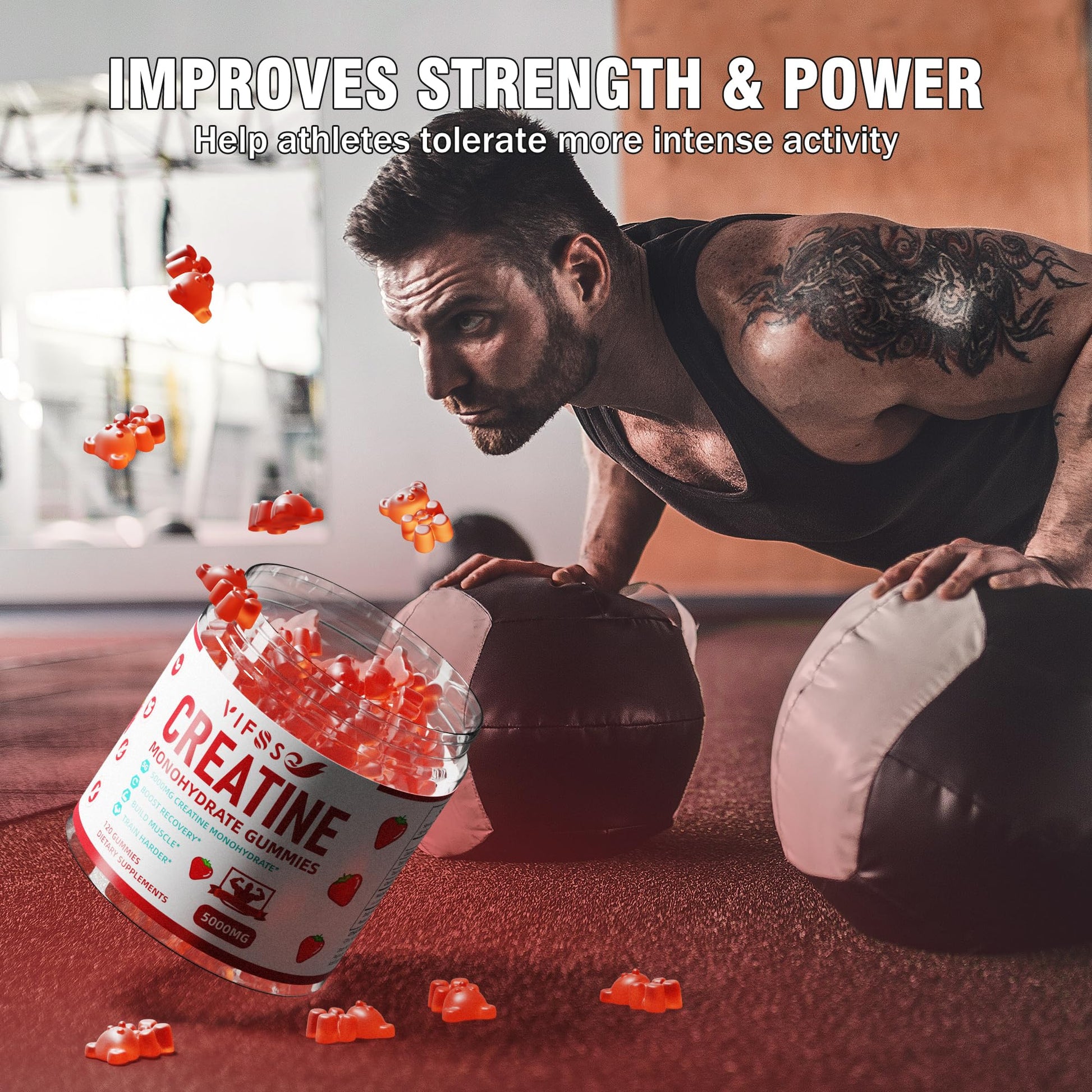VIFSSG Creatine Monohydrate Gummies 5 g for Men & Women, 120 Sugar Free Gummies with 200 Mg Magnesium Glycinate, 200 Mg L-Threonate for Muscle Support, Energy Boost - Medaid International