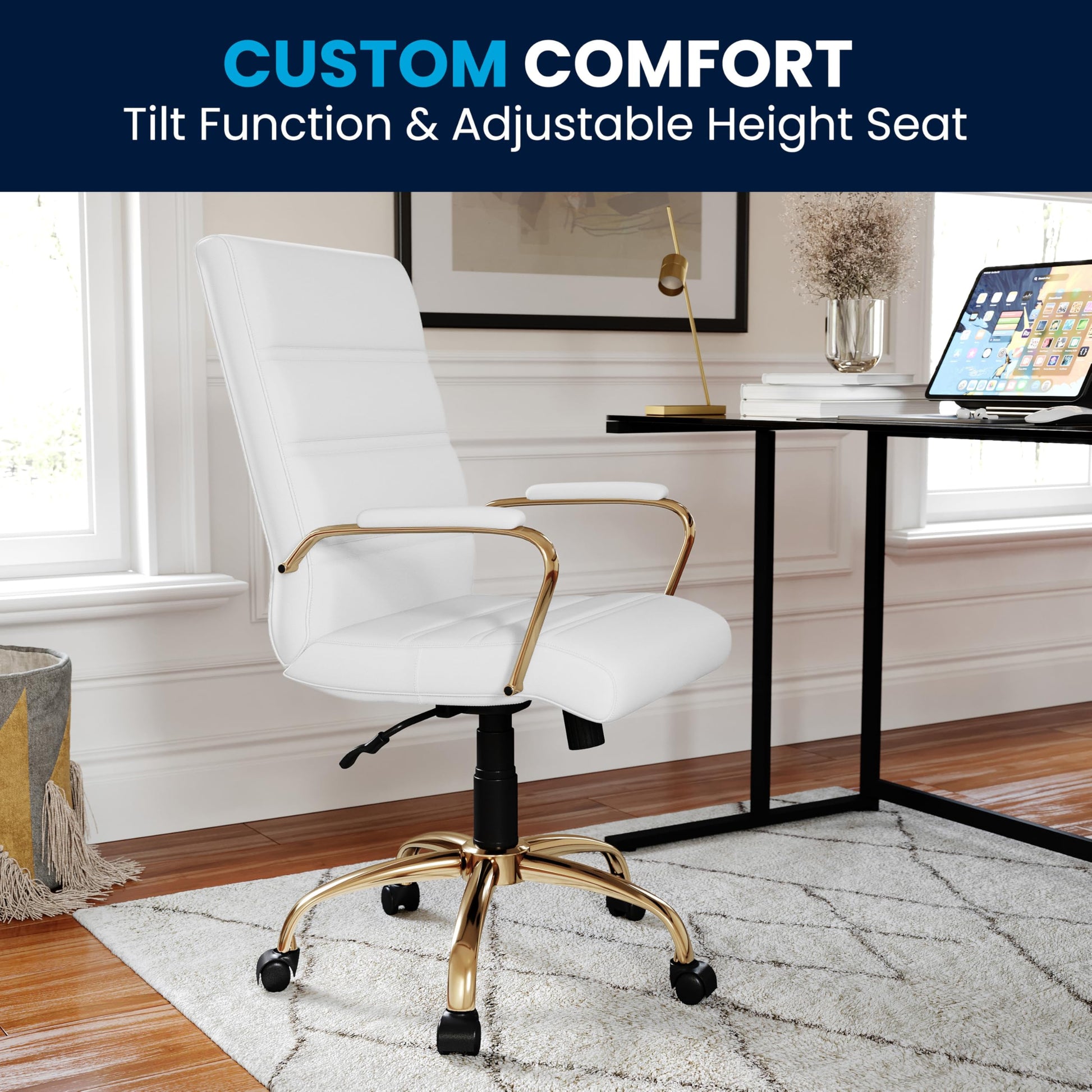 Flash Furniture Whitney Mid-Back Swivel LeatherSoft Desk Chair with Padded Seat and Armrests, Adjustable Height Padded Office Chair, White/Gold - Medaid International