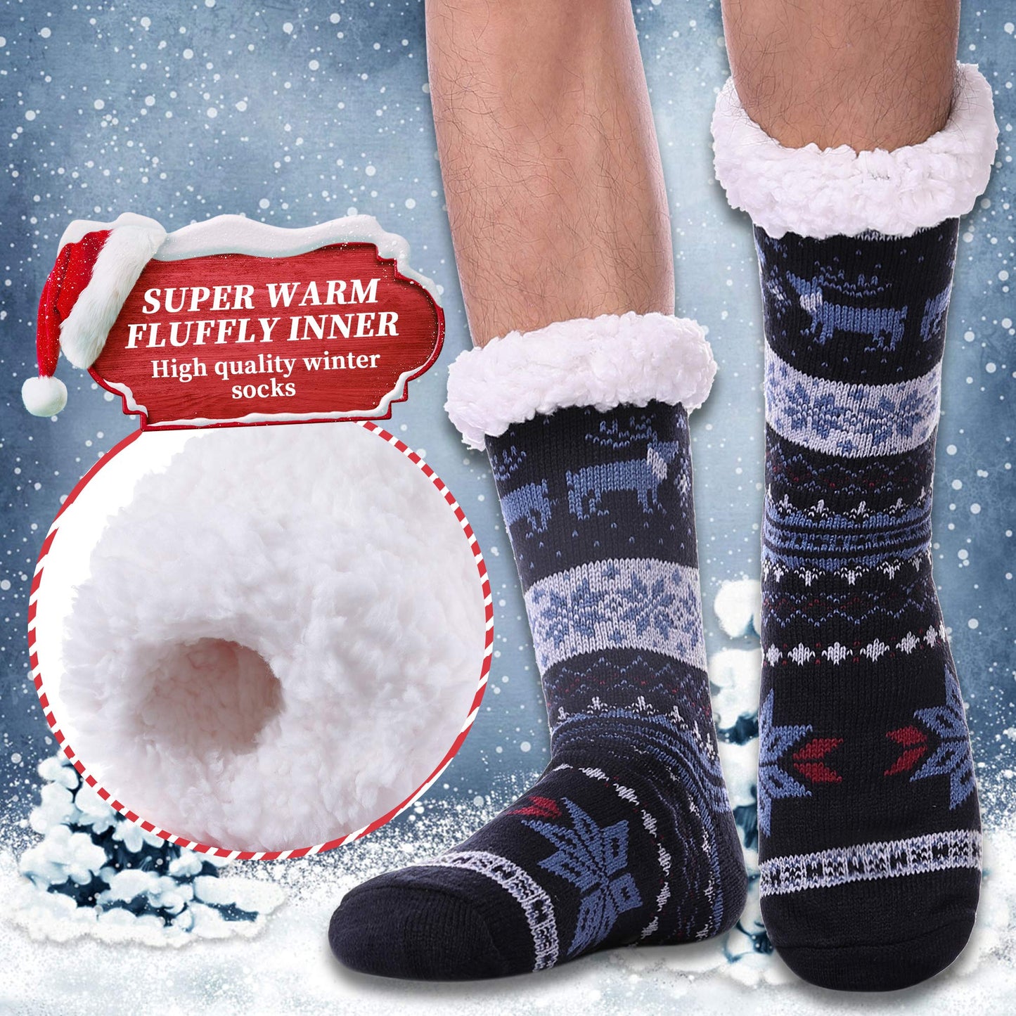 DYW Mens Fuzzy Slipper Socks Warm Thick Heavy Thermal Fleece lined Fluffy Winter Non Slip Socks (Dark Blue A) - Medaid International