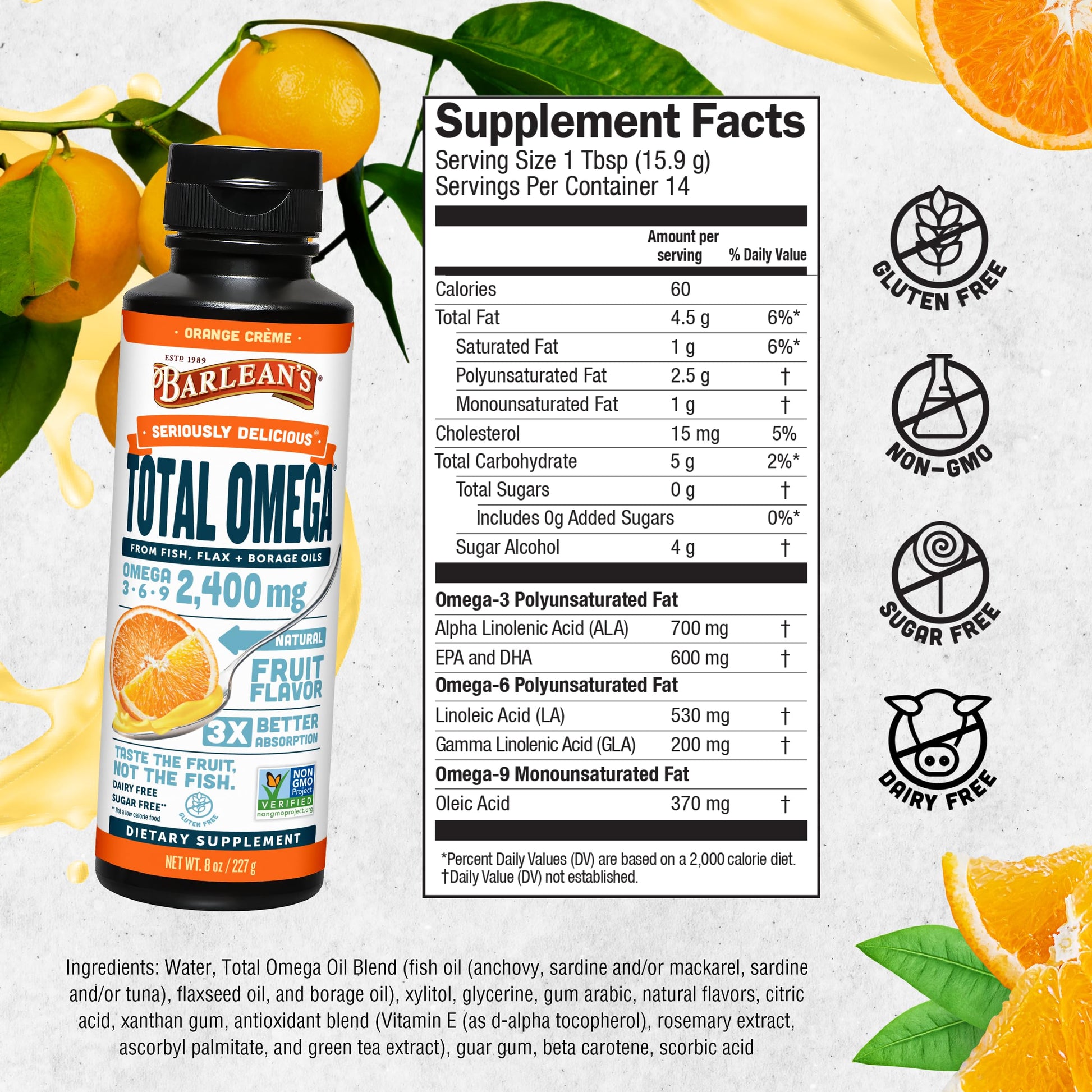 Barlean's Total Omega 3 6 9 Orange Crème Liquid Fish Oil Supplement with Borage and Flaxseed Oil, 2,400 mg of Omegas EPA and DHA Plus GLA for Joint and Heart Health, 8 oz - Medaid International