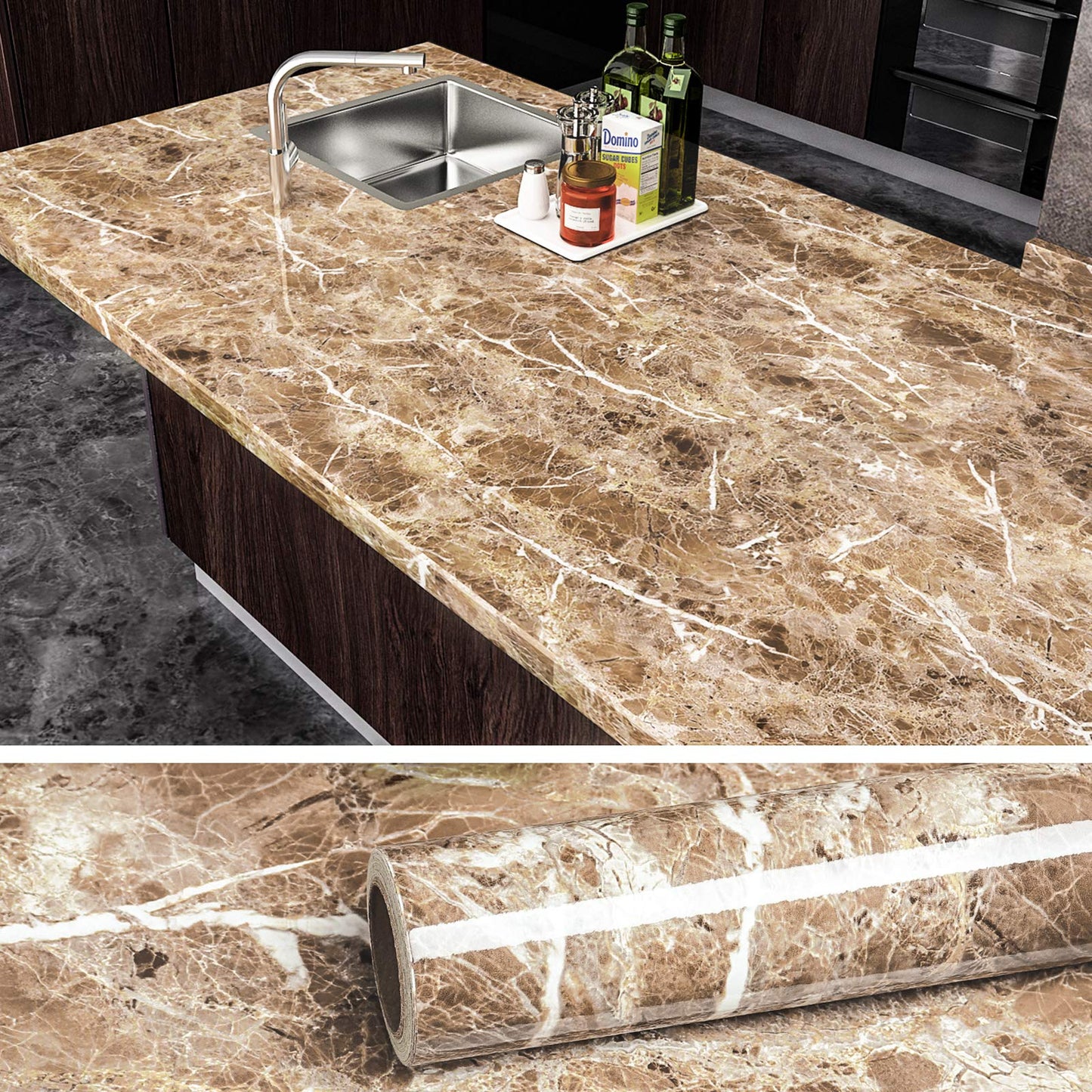 VEELIKE Faux Marble Counter Top Covers Peel and Stick Wallpaper Granite Contact Paper Decorative Kitchen Wall Paper Brown Waterproof Self Adhesive Removable Wallpaper for Cabinet Locker 15.7inx354in - Medaid International