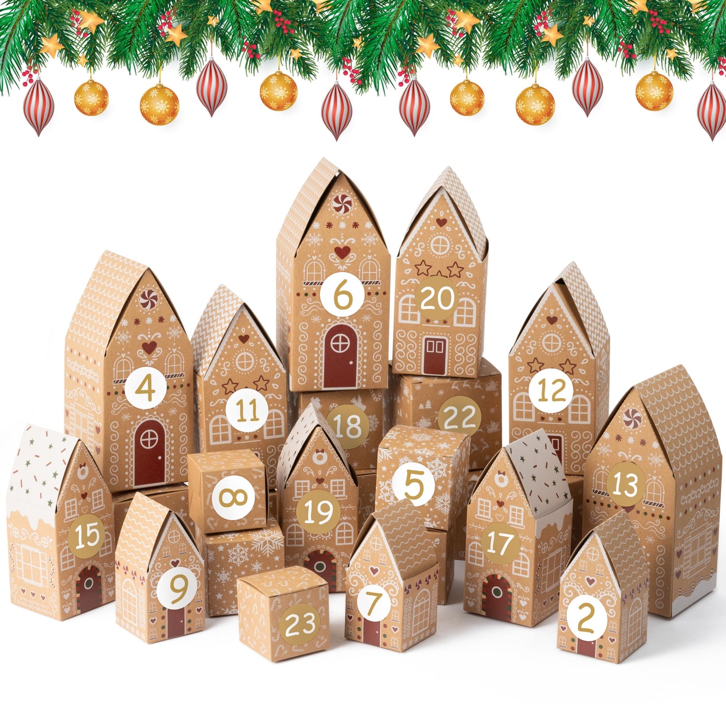 AsodSway Christmas Advent Calendar Boxes - 28P Christmas Candies Treats Boxes Empty Advent Calendar Boxes to Fill 24 Days Xmas Advent Countdown Number Label Stickers Kraft Paper Xmas Gift House Boxes - Medaid International