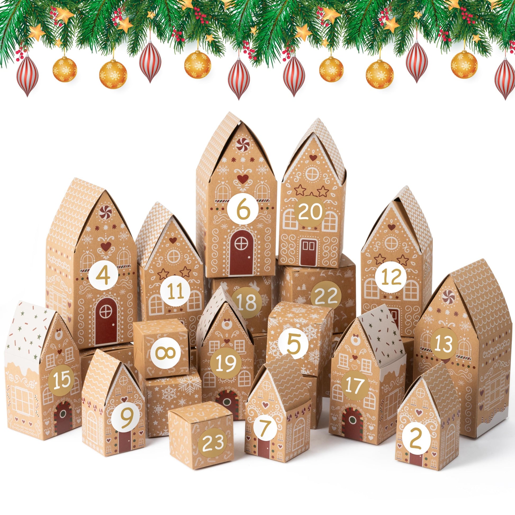 AsodSway Christmas Advent Calendar Boxes - 28P Christmas Candies Treats Boxes Empty Advent Calendar Boxes to Fill 24 Days Xmas Advent Countdown Number Label Stickers Kraft Paper Xmas Gift House Boxes - Medaid International