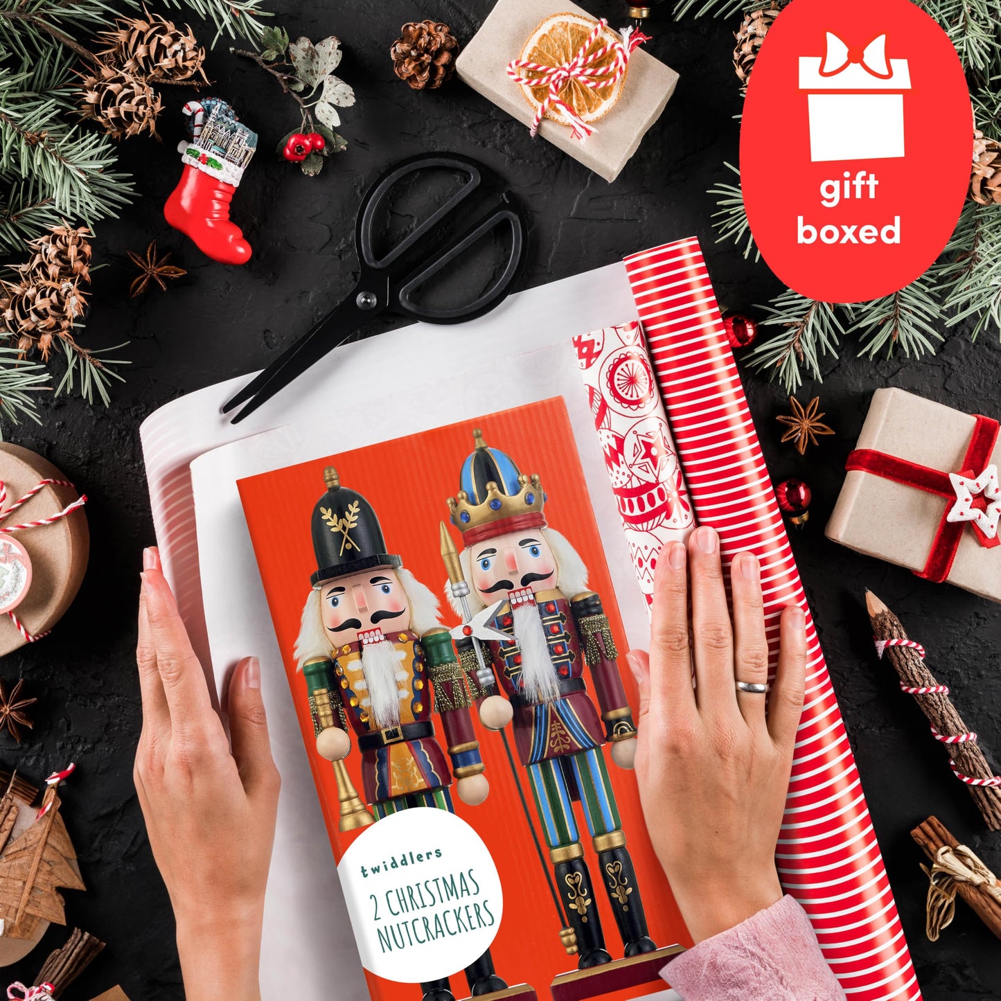 THE TWIDDLERS 2 Pack 12 Inch Wooden Nutcracker Christmas Decor King & Guard Soldier (Red) Decorative Christmas Nutcracker Figures, Nutcracker Christmas Decorations, Cascanueces de Navidad in Gift Box - Medaid International