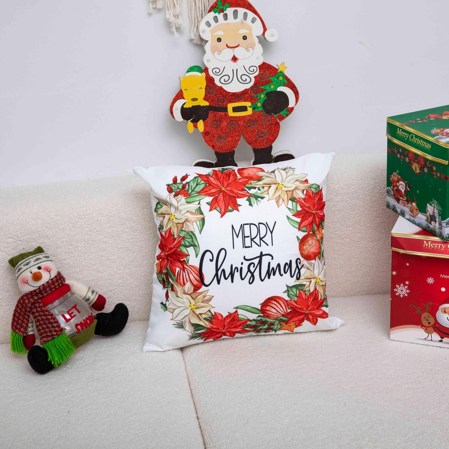 Christmas Pillow Cover Poinsettia Wreath Decorative Holiday Cushion Case for Sofa and Living Room Merry Christmas Throw Pillow Cover - Medaid International