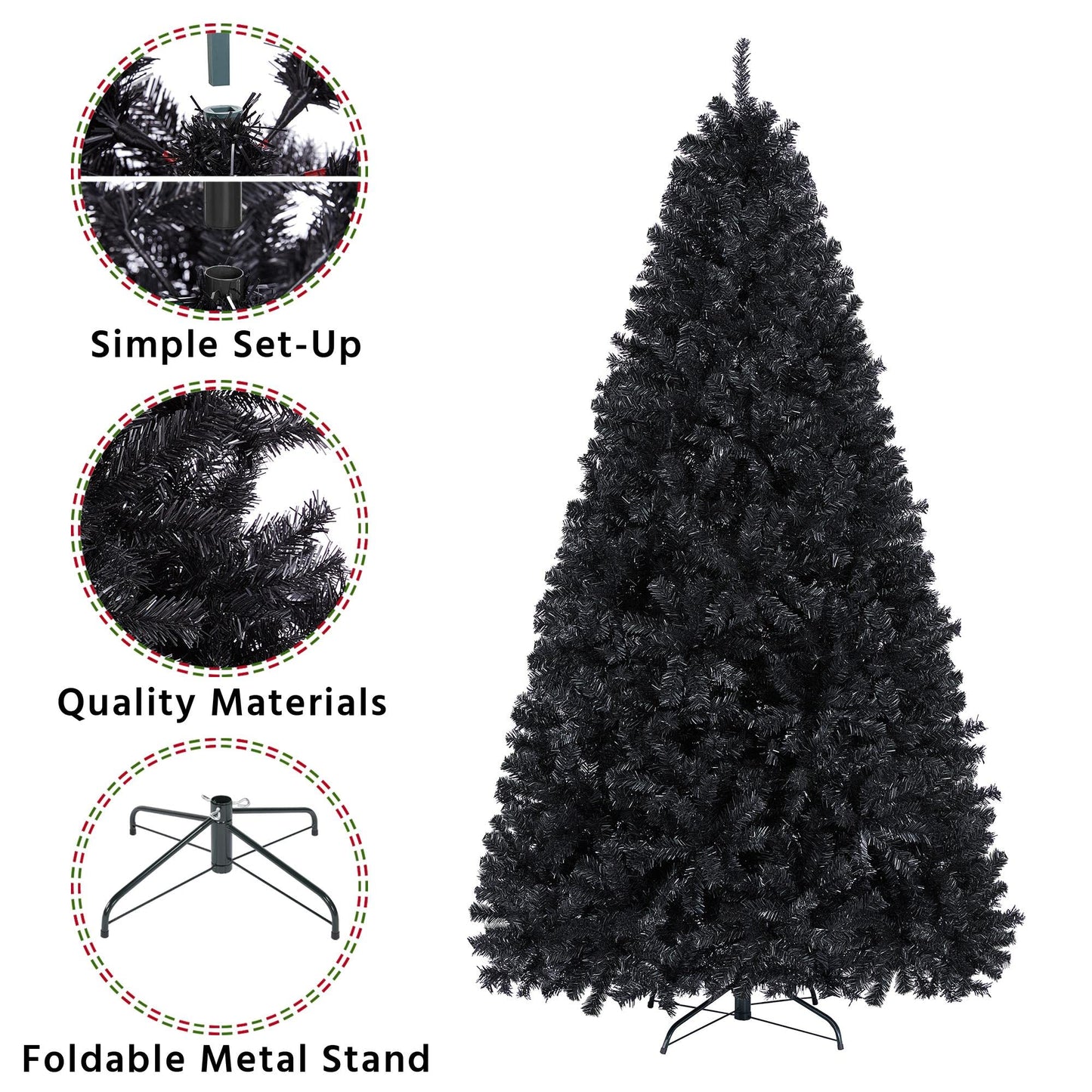 Yaheetech 7.5ft Black Artificial Christmas Pine Tree Seasonal Holiday Carnival Home Party Decoration for Home, Office Indoor Outdoor with 1749 Branch Tips and Foldable Stand - Medaid International