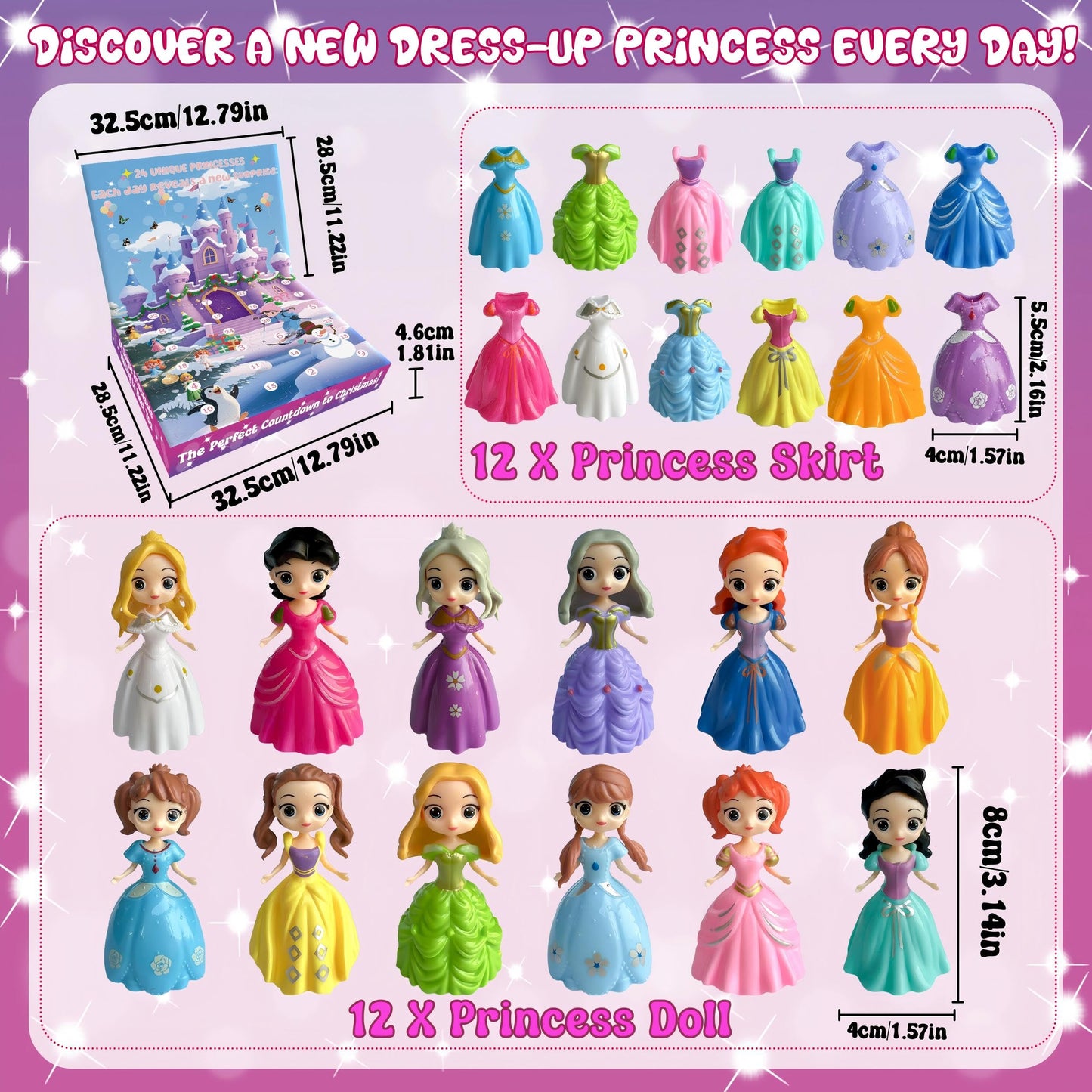 2025 Princess Advent Calendar - 24 Days of Deformation Christmas Surprises Toys, Holiday Countdown with 12 Dolls Figures & 12 Clothing Pieces, Fun Xmas Gift for Girls Teens Kids Party Favor - Medaid International