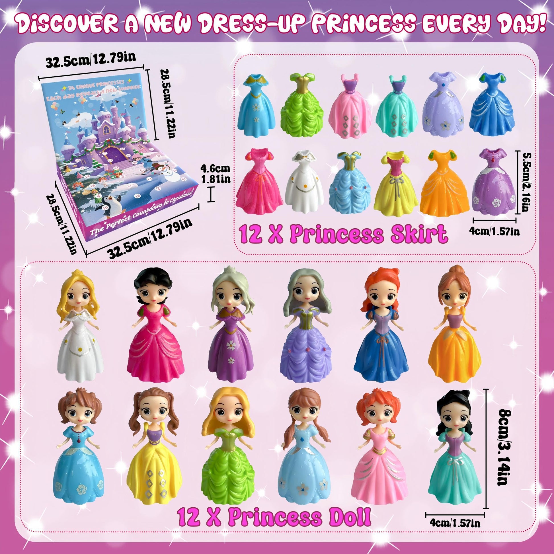 2025 Princess Advent Calendar - 24 Days of Deformation Christmas Surprises Toys, Holiday Countdown with 12 Dolls Figures & 12 Clothing Pieces, Fun Xmas Gift for Girls Teens Kids Party Favor - Medaid International