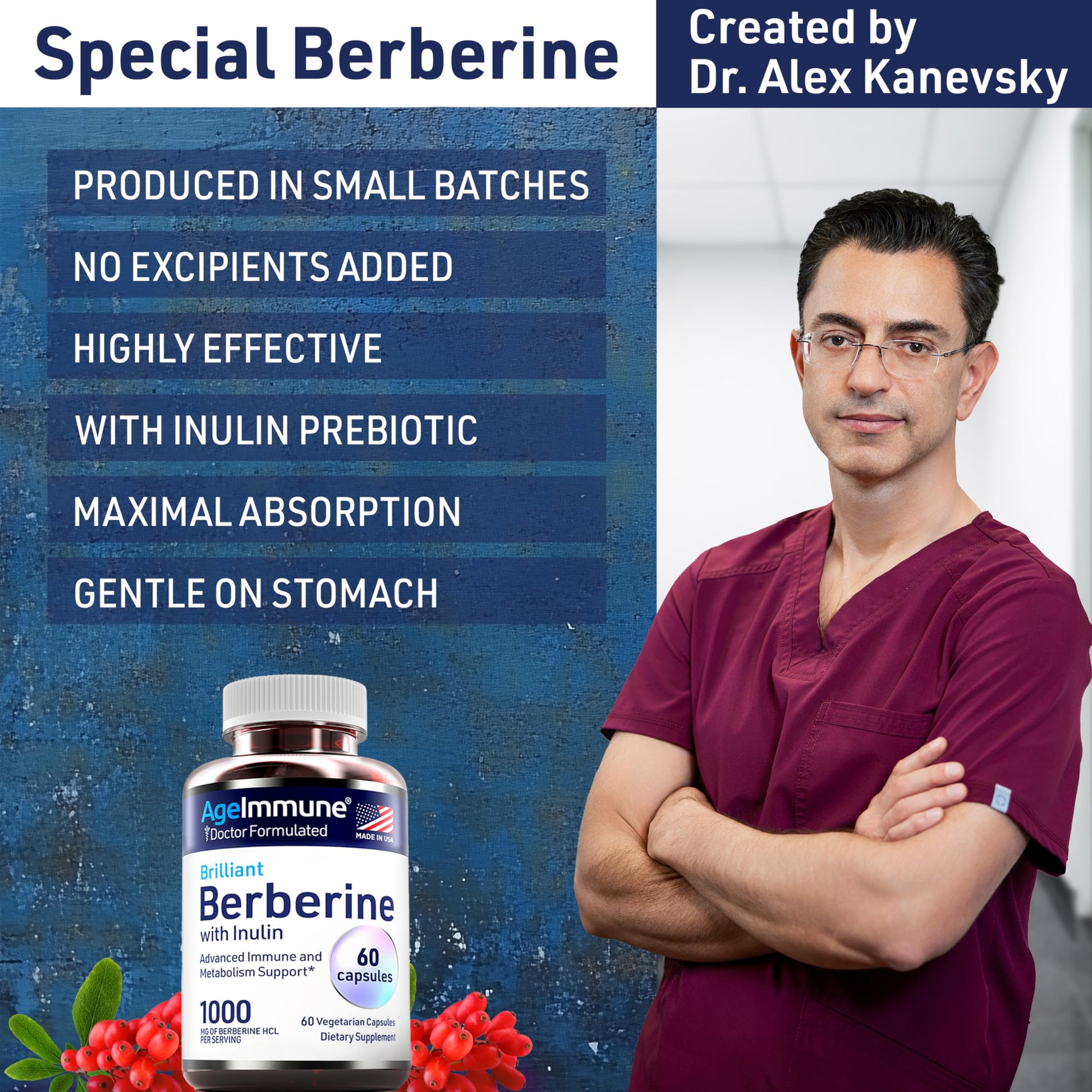 AgeImmune Berberine 1000mg Supplement Complex with Inulin Prebiotic - Each Capsule Contains Berberine 500mg - Doctor Formulated Supplements for High Absorption. - Medaid International