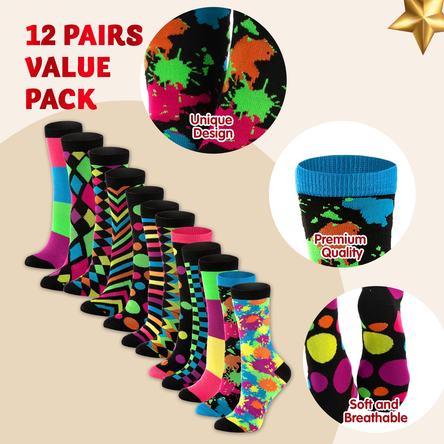 JOYIN 12 PCS Christmas Socks Women Colorful Funky Paint Splash Patterned Crew Socks for Christmas, Holiday or Birthday Gift - Medaid International