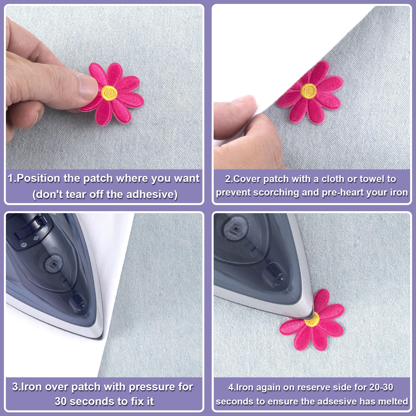 14 Pcs Flower Iron on Patches, Cute Daisy Flower Applique Patch, Sew On Embroidered Applique Sewing Patches for Bags, Jackets, Jeans, Clothes DIY Patches, 1.57x1.57inch, 7 Colors - Medaid International