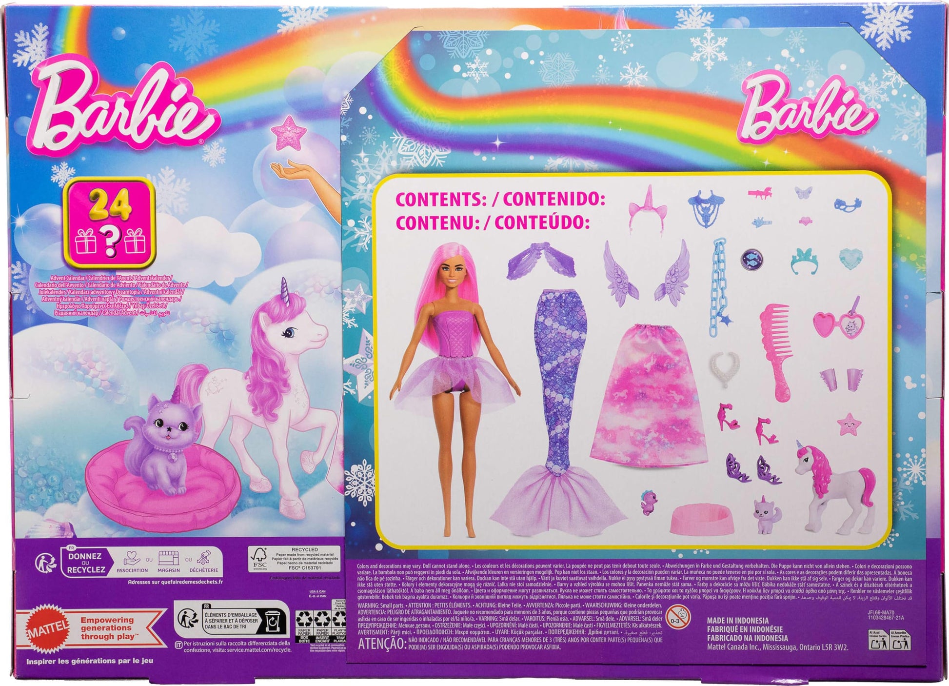 Barbie Advent Calendar with Doll & 24 Surprise Toy Accessories Including Unicorn & Pets, Transform Fashion Doll into Mermaid, Fairy & More - Medaid International