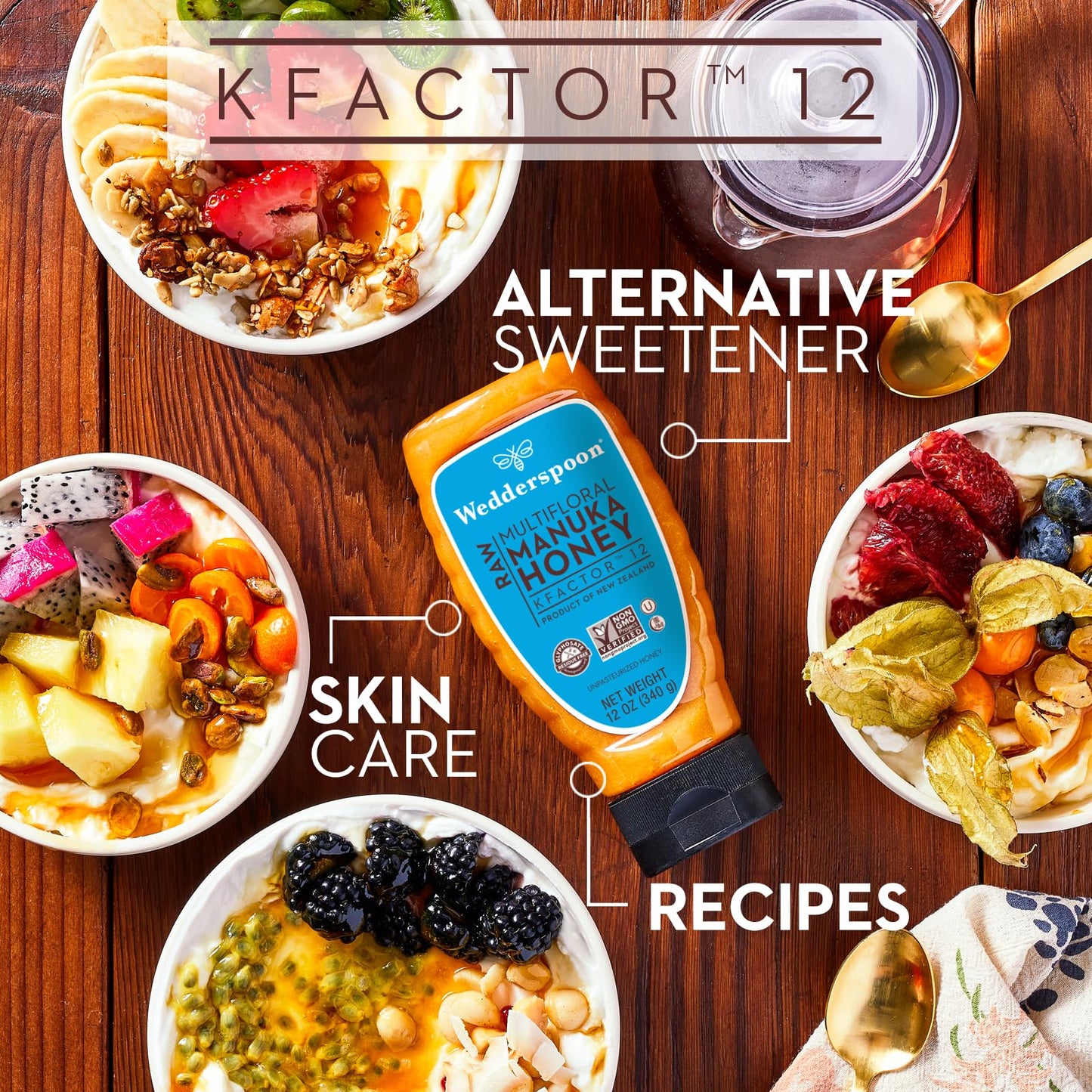 Wedderspoon Raw Premium Manuka Honey, KFactor 12, 12 Oz, Unpasteurized, Genuine New Zealand Honey, Non-GMO Superfood, Traceable from Our Hives to Your Home, Convenient Squeeze Bottle - Medaid International