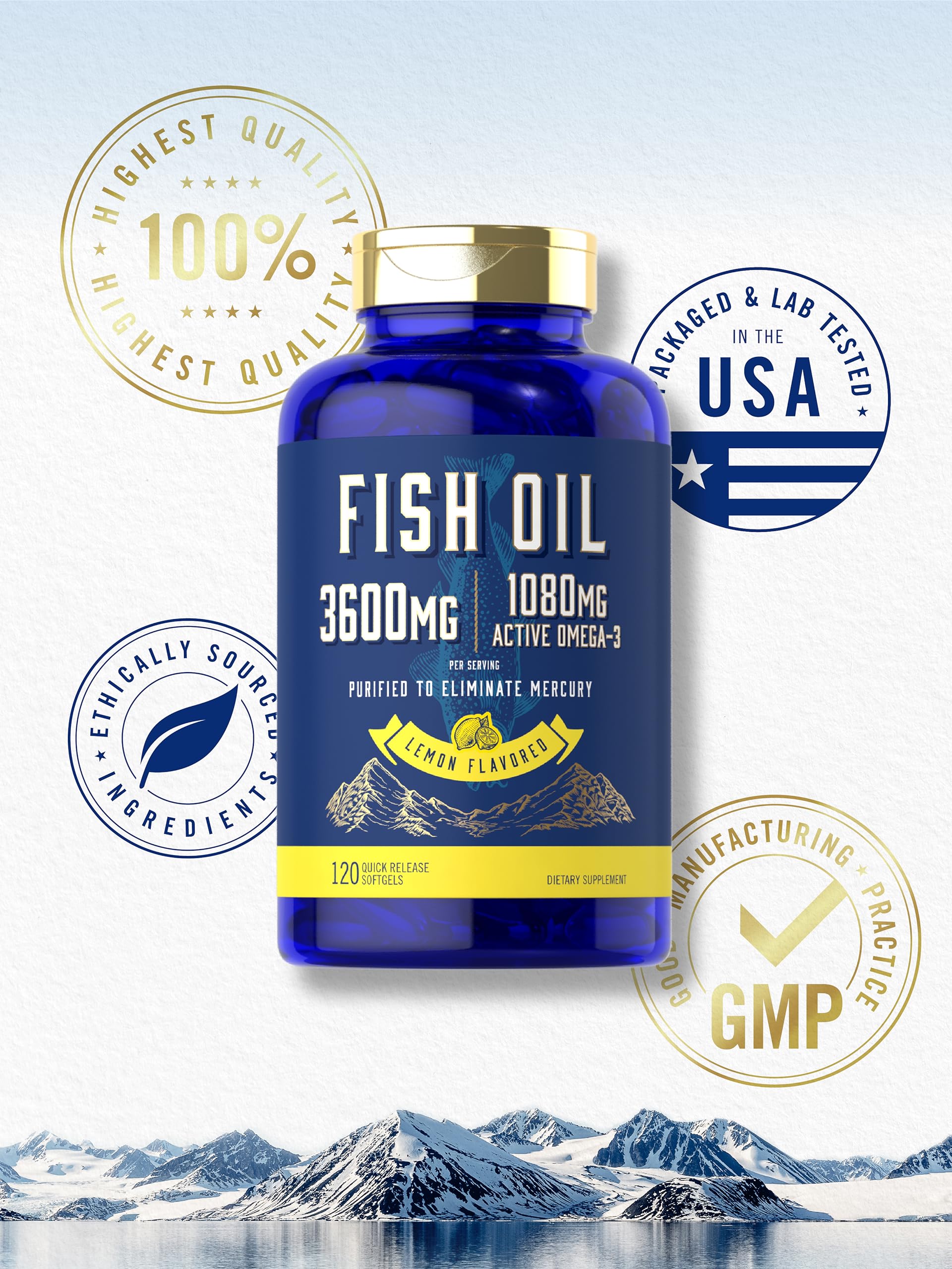 Carlyle Fish Oil 3600mg | 1080mg Omega 3 | 120 Count | Non-GMO and Gluten Free Supplement - Medaid International