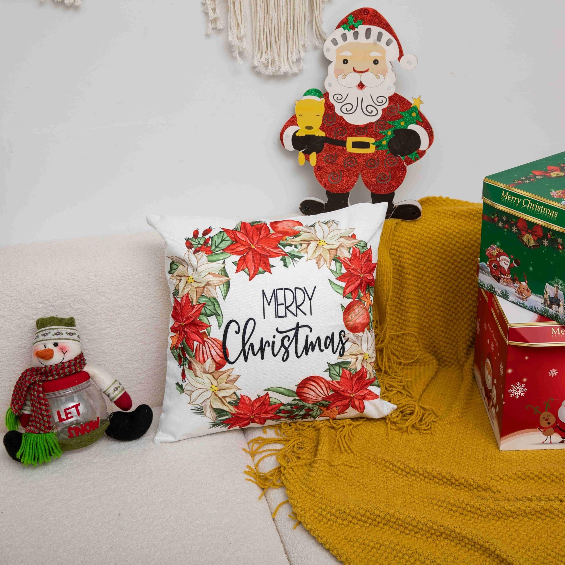 Christmas Pillow Cover Poinsettia Wreath Decorative Holiday Cushion Case for Sofa and Living Room Merry Christmas Throw Pillow Cover - Medaid International
