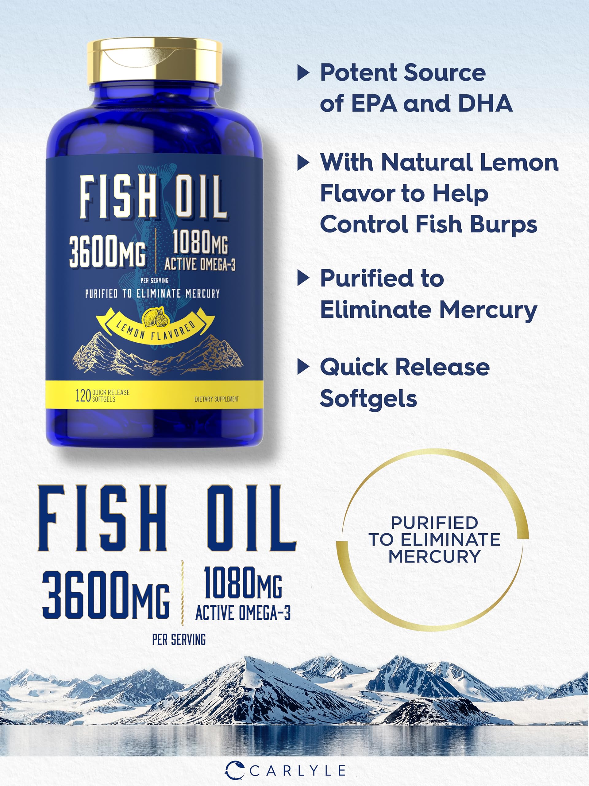 Carlyle Fish Oil 3600mg | 1080mg Omega 3 | 120 Count | Non-GMO and Gluten Free Supplement - Medaid International