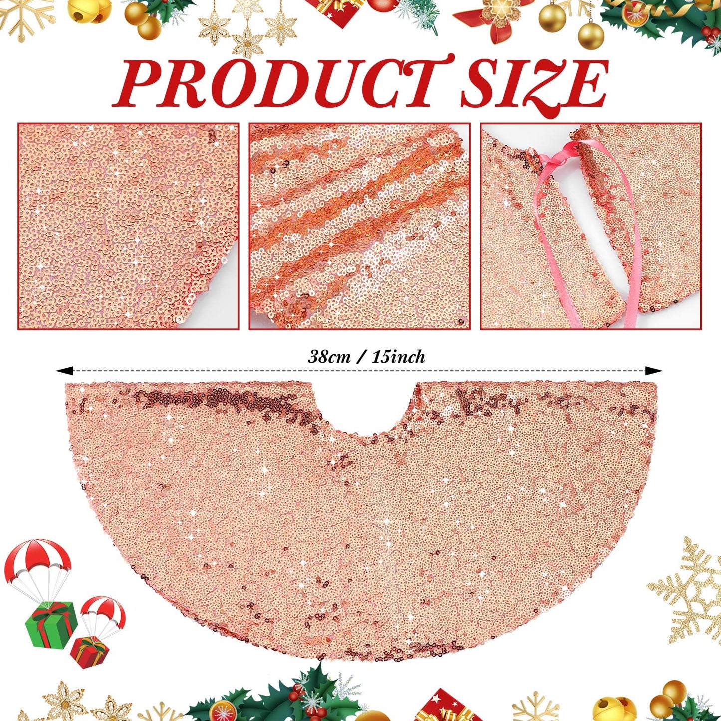 Rose Gold 15 Inch Mini Christmas Tree Skirt - Sequin, Slim, Small Tree Decoration for Hotel Holiday Bar - Medaid International