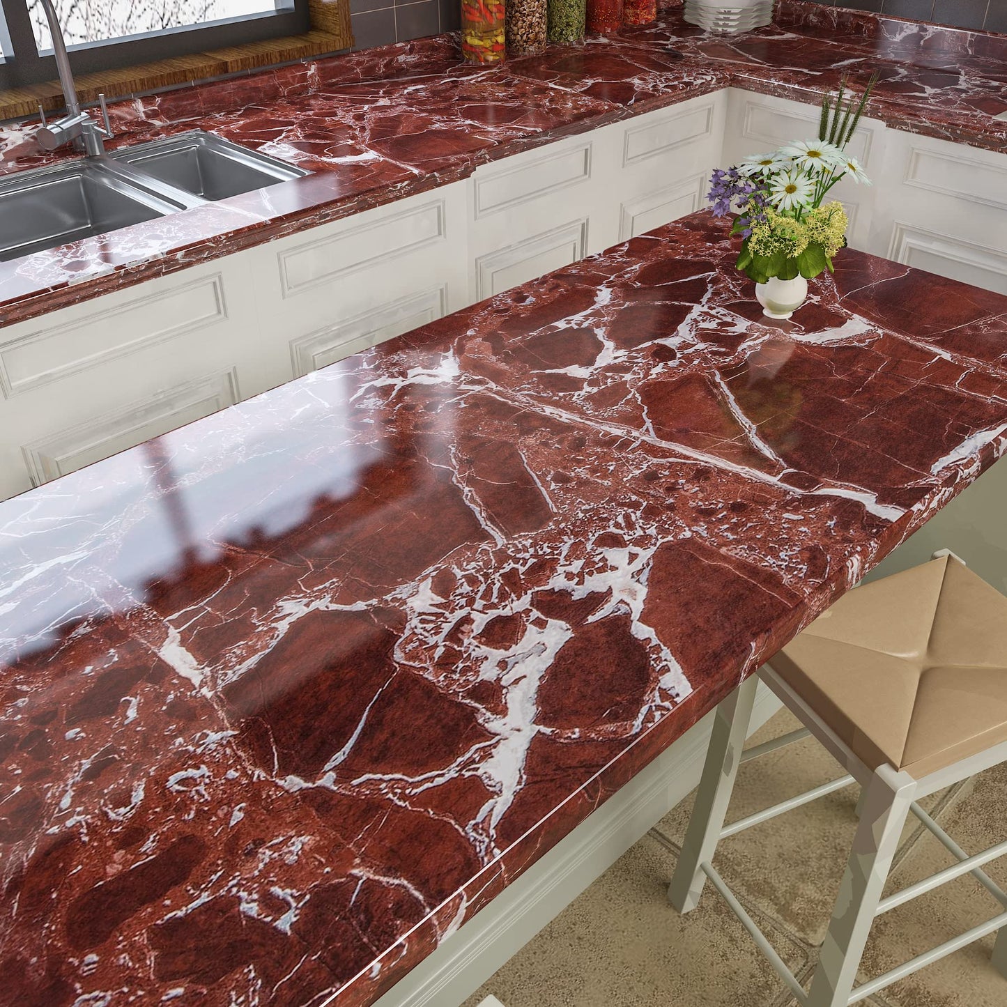 AbaBoorty 400"x15.8" Dark Cherry Red Marble Wallpaper for Countertops Waterproof Faux Granite Contact Paper Covers Counter Top Self Adhesive Vinyl Wall Paper for Decor Bathroom Counters Vanity Desk - Medaid International
