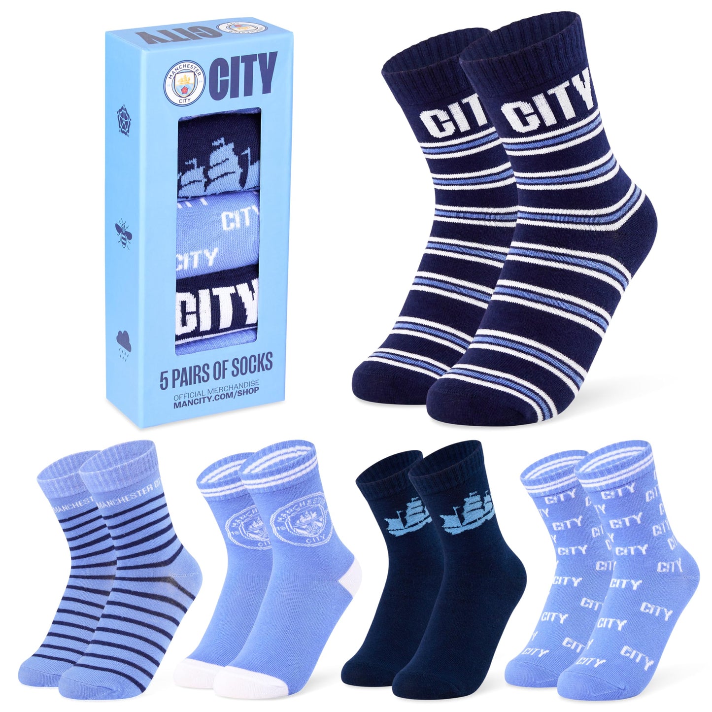 Manchester City FC Boys Socks - Pack of 5 Crew Socks for Teenagers Soft Breathable Size 13-8 Man City Gifts (Blue, 9-13 Years, 4/8) - Medaid International