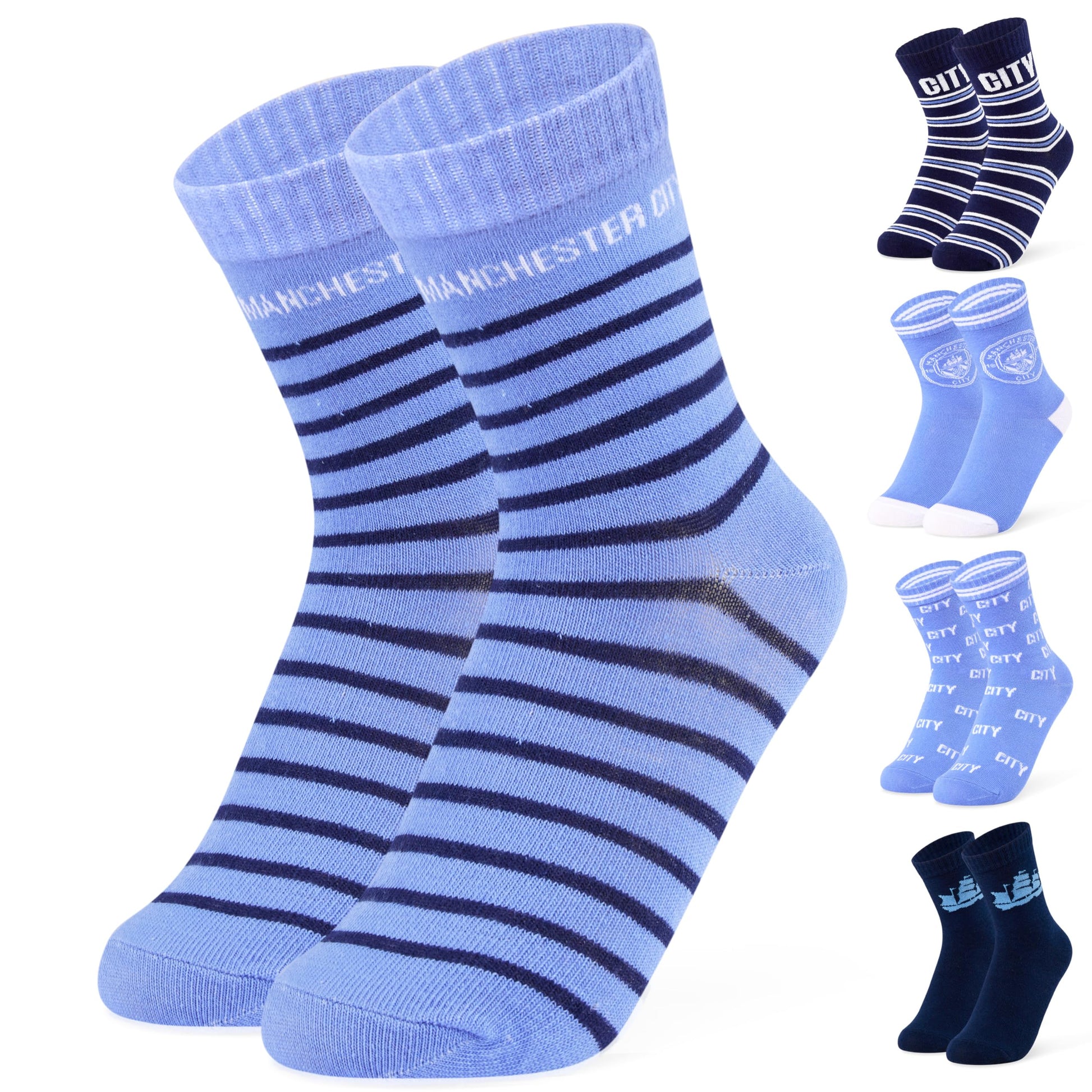 Manchester City FC Boys Socks - Pack of 5 Crew Socks for Teenagers Soft Breathable Size 13-8 Man City Gifts (Blue, 9-13 Years, 4/8) - Medaid International
