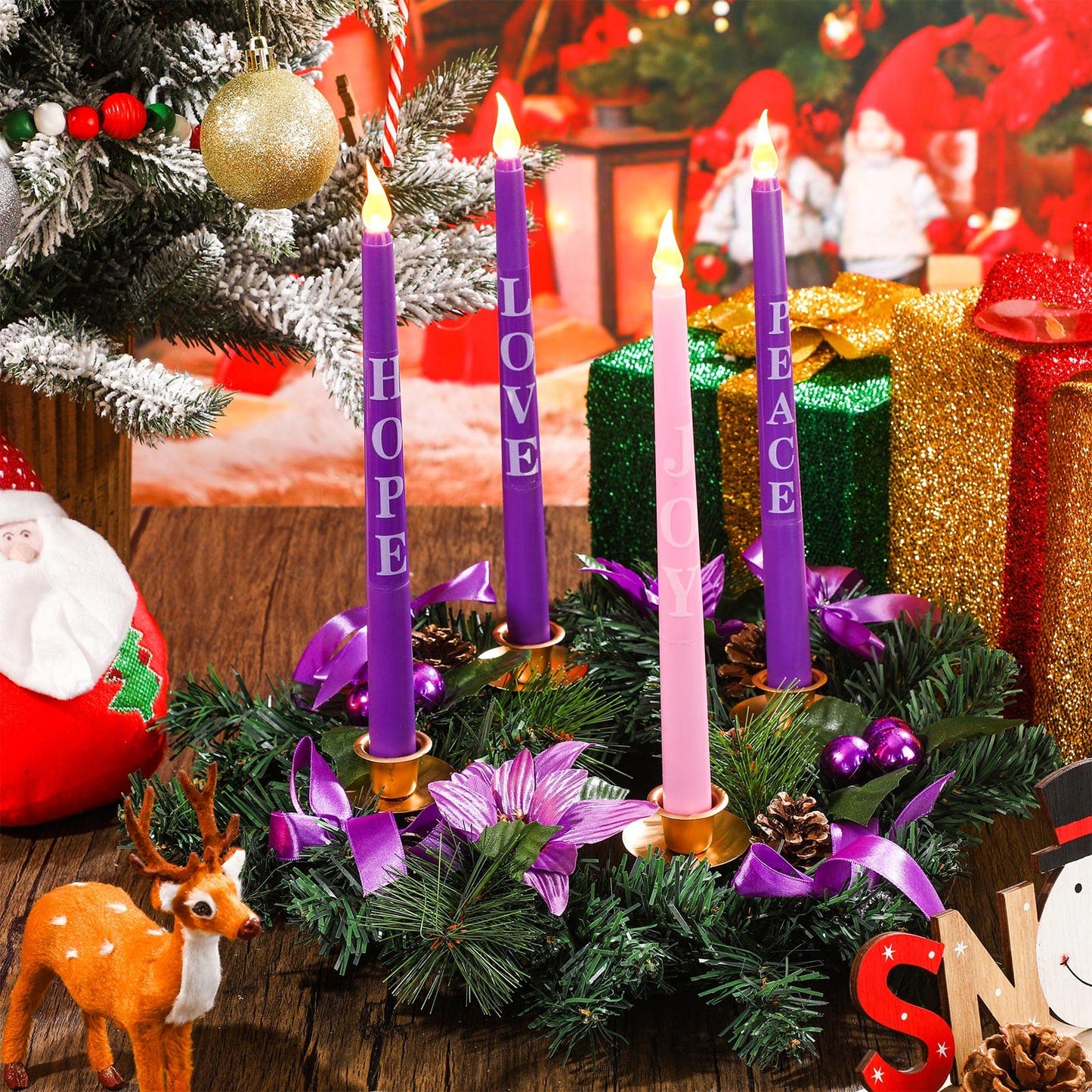 Kathfly 5 Pcs Christmas Advent Wreath with 4 Flameless Candles Holder with Hope Peace Love Joy Candle Christmas Centerpiece Decorations Pine Cones Bowknot for Xmas Advent Holiday Party (Purple) - Medaid International