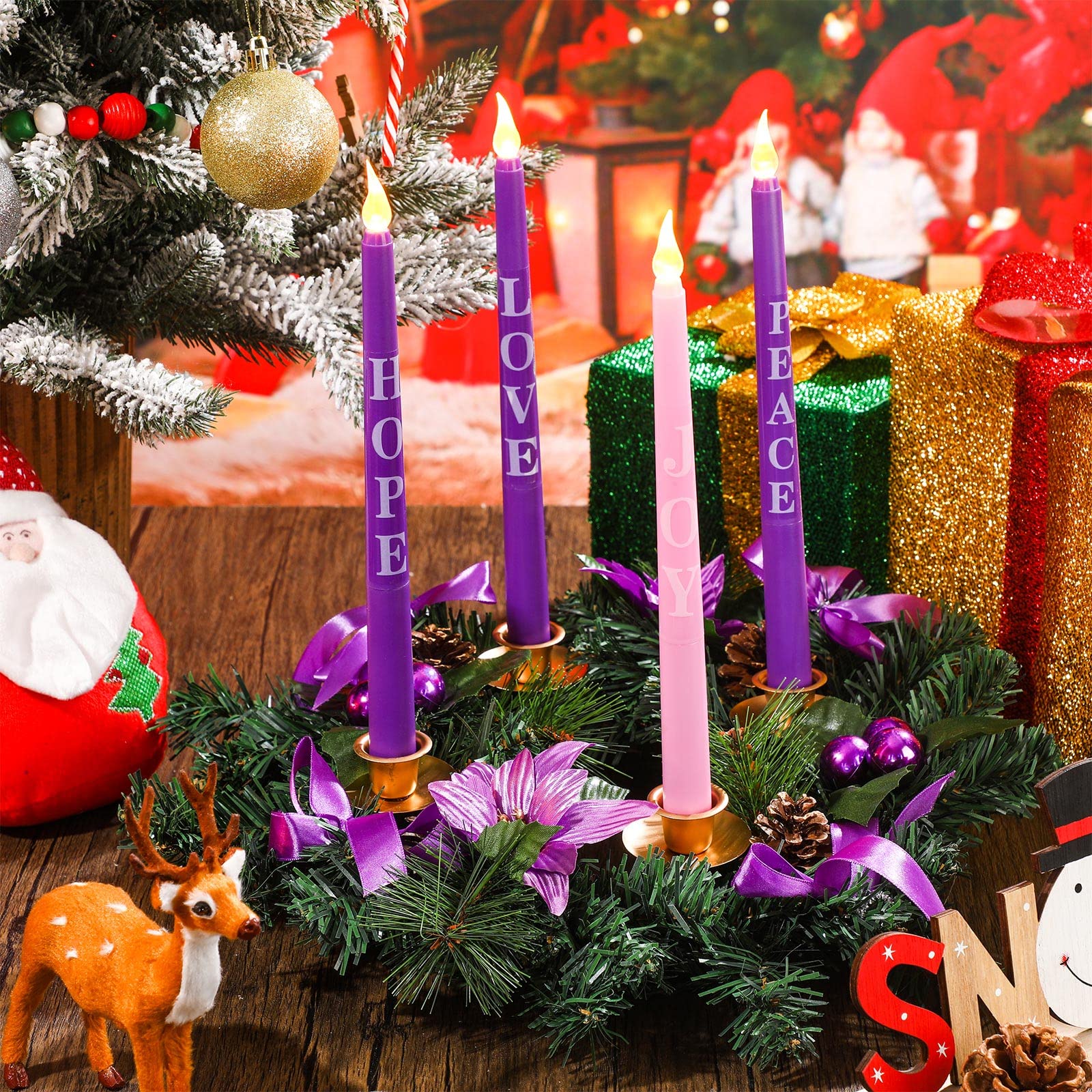 Kathfly 5 Pcs Christmas Advent Wreath with 4 Flameless Candles Holder with Hope Peace Love Joy Candle Christmas Centerpiece Decorations Pine Cones Bowknot for Xmas Advent Holiday Party (Purple) - Medaid International