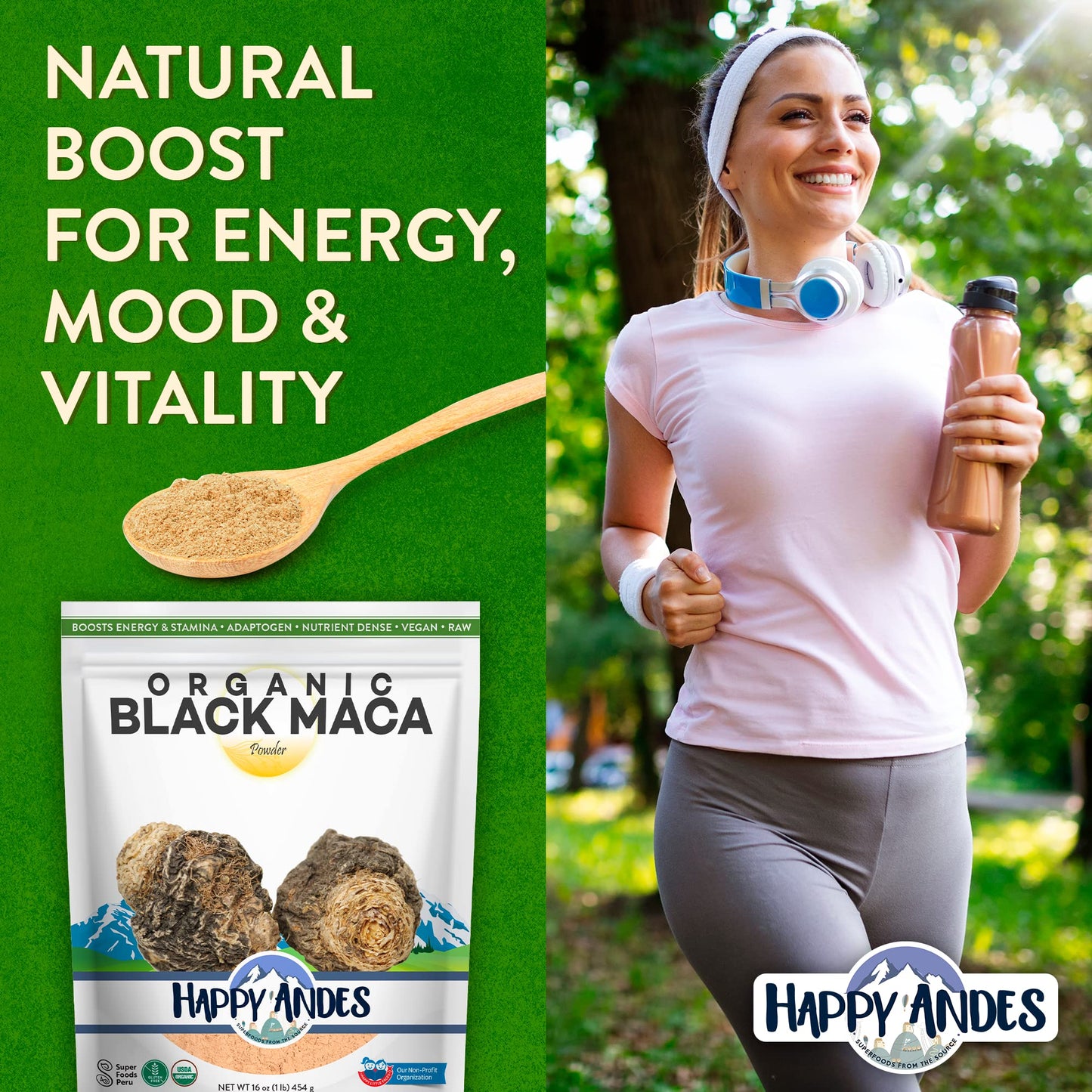 Happy Andes Organic Black Pure & Raw Maca Root Powder Non-GMO, USDA for Energy & Fitness, Performance & Mood for Men & Women, Gluten Free, Peruvian Superfood, Blue, 16 oz - Medaid International