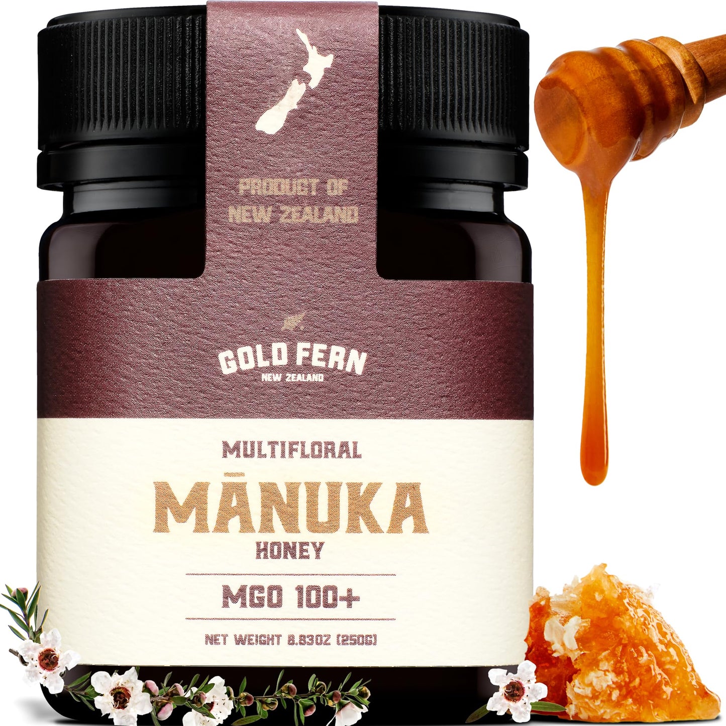 Gold Fern Honey - Raw New Zealand Manuka Honey | 8.8oz MGO 100+ | Pure, Natural, Unpasteurized, and Unfiltered Superfood Honey, Traceable from Hive to Hand. - Medaid International
