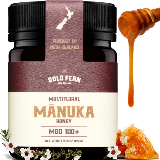 Gold Fern Honey - Raw New Zealand Manuka Honey | 8.8oz MGO 100+ | Pure, Natural, Unpasteurized, and Unfiltered Superfood Honey, Traceable from Hive to Hand. - Medaid International