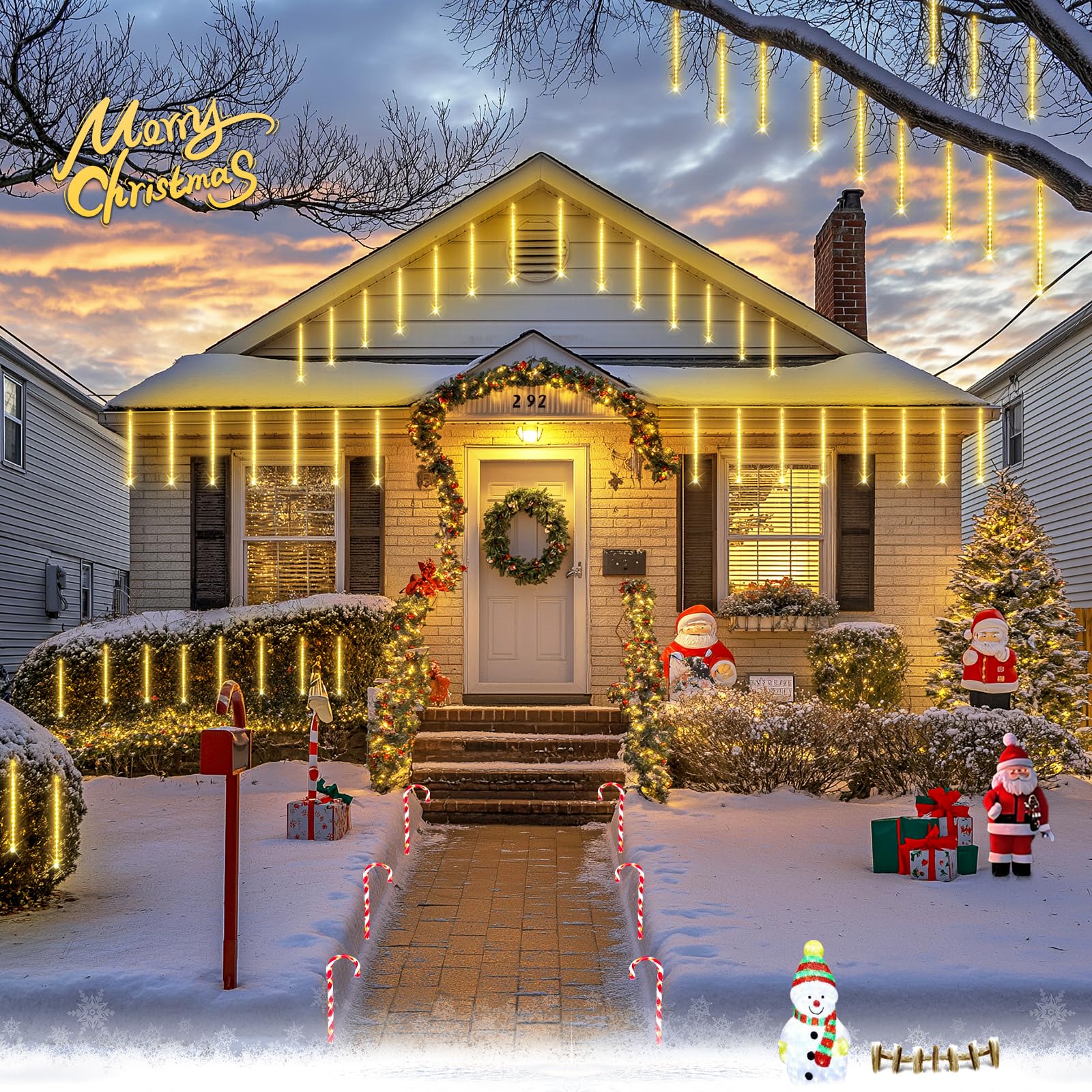 JMEXSUSS Solar Meteor Shower Lights Outdoor, 8 Tube 144 LEDs Warm White Solar Christmas Lights for Tree Eave Xmas Holiday Party Patio House Wedding Decor - Medaid International