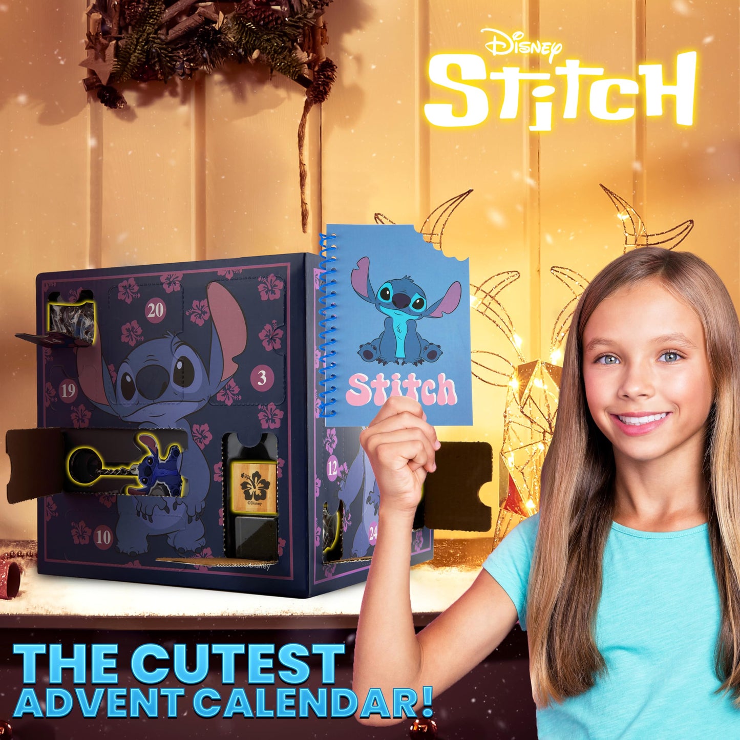 Disney Stitch Girls Advent Calendar 2025 with 24 Accessories, Charms, Socks, Keyrings, Scrunchie, Headband, Hair Clips, Bracelet, Gifts for Girls - Medaid International