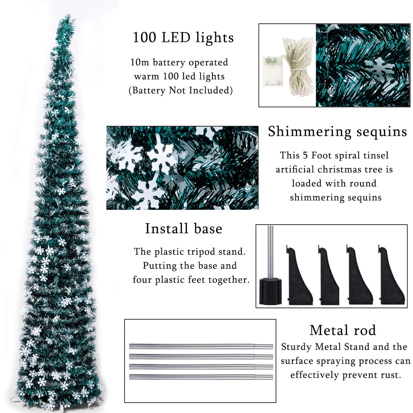 NIGHT-GRING Pop-Up Artificial Christmas Tree with 100LED Lights,Collapsible Pencil Christmas Trees for Holiday Carnival Party Christmas Decorations (Green) - Medaid International