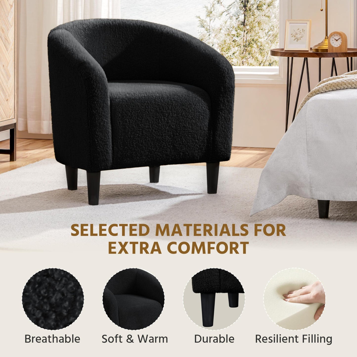 Yaheetech Accent Barrel Chair, Boucle Fabric Club Chair, Furry Sherpa Elegant Armchair with Cozy Soft Padded, Suitable for Living Room Bedroom Reception Room Office, Black - Medaid International