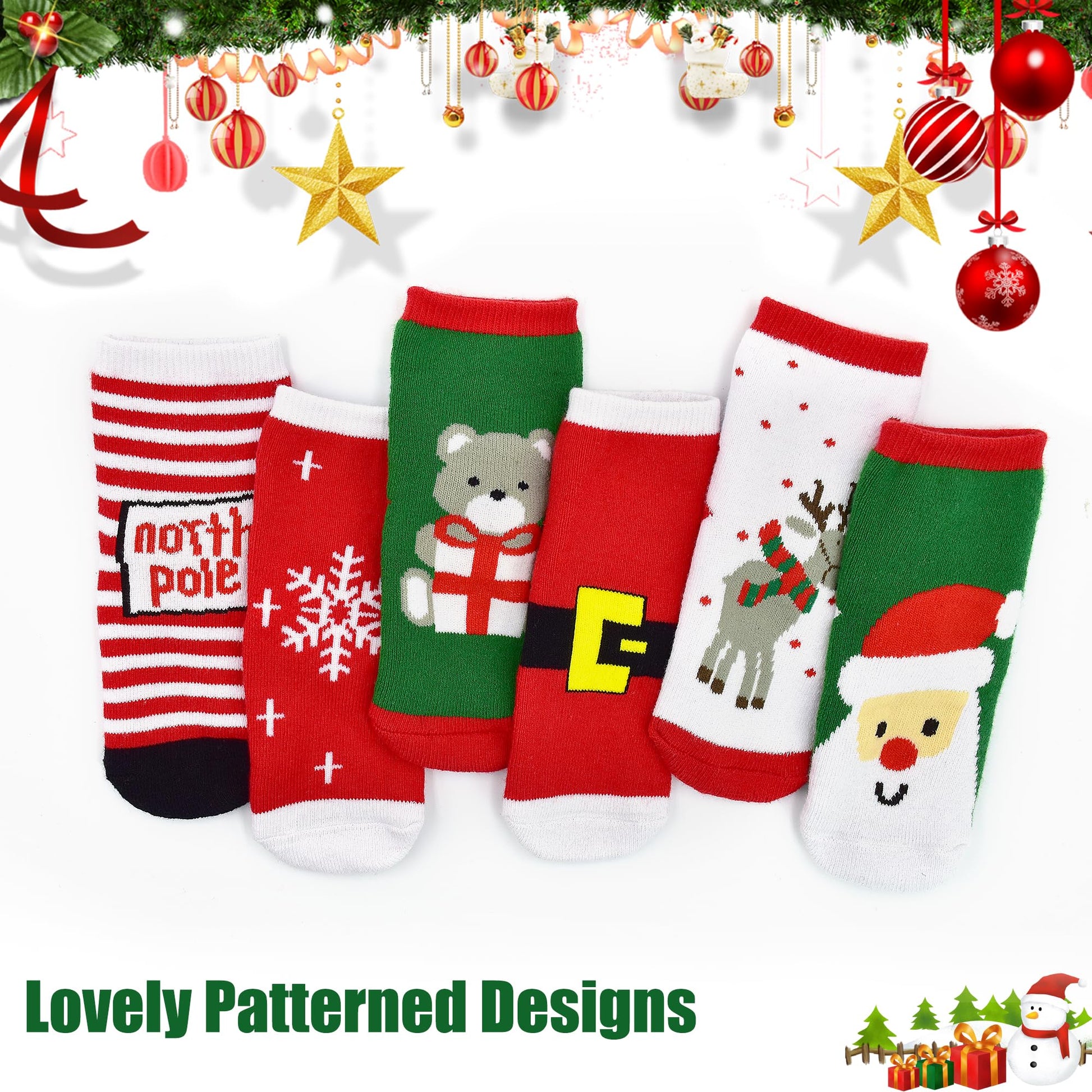 SPTRAMLE Kids Christmas Socks, Newborn Toddler Kids Crew Socks for Girls Boys(1-3 Years), 6 Pairs Baby Xmas Holiday Sock - Medaid International