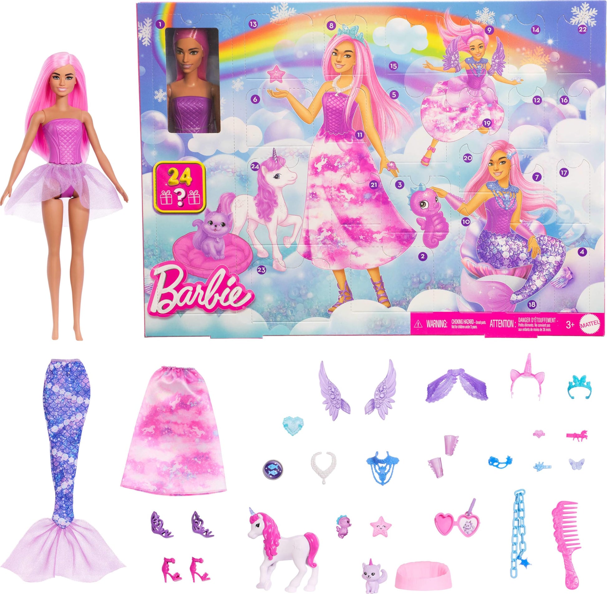 Barbie Advent Calendar with Doll & 24 Surprise Toy Accessories Including Unicorn & Pets, Transform Fashion Doll into Mermaid, Fairy & More - Medaid International
