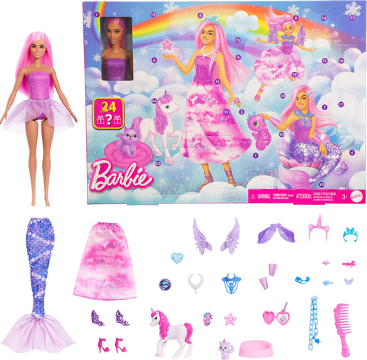 Barbie Advent Calendar with Doll & 24 Surprise Toy Accessories Including Unicorn & Pets, Transform Fashion Doll into Mermaid, Fairy & More - Medaid International