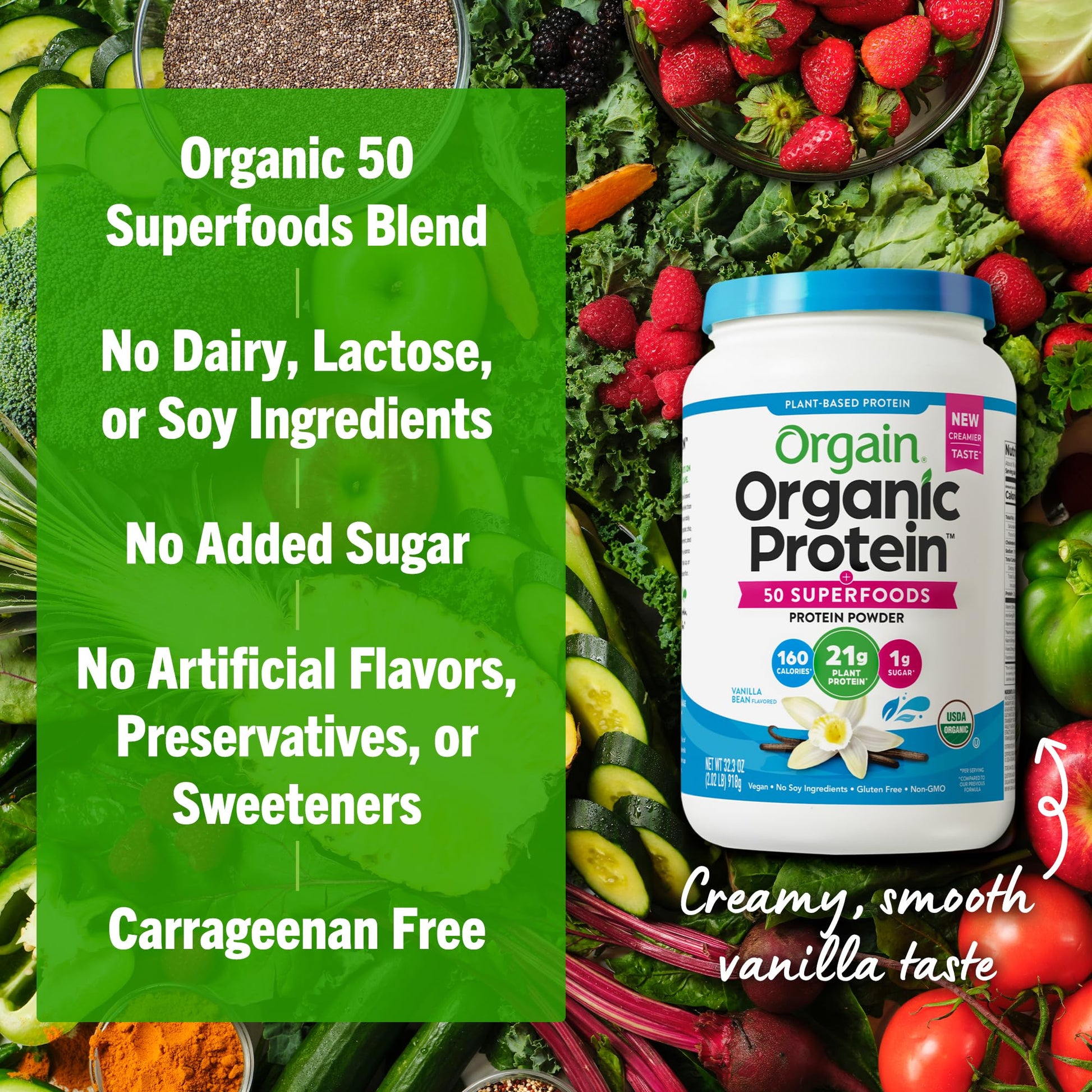 Orgain Organic Vegan Protein + 50 Superfoods Powder, Vanilla Bean - 21g Plant Based Protein, 8g Prebiotic Fiber, No Lactose Ingredients, Gluten Free, No Added Sugar, Non-GMO, 2.02 lb - Medaid International