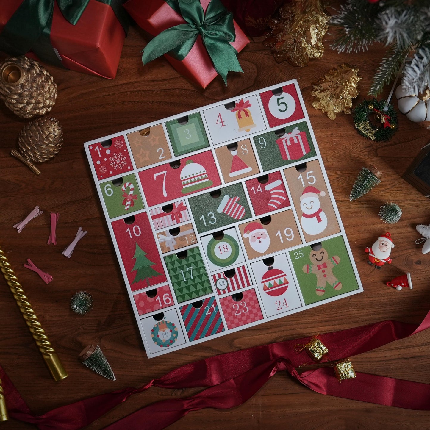 Wooden Advent Calendar with 25 Drawers for Kids, Refillable Advent Calendar for 2025, Red&Green Reusable Christmas Countdown Calendar with Classic Holiday Designs - Medaid International
