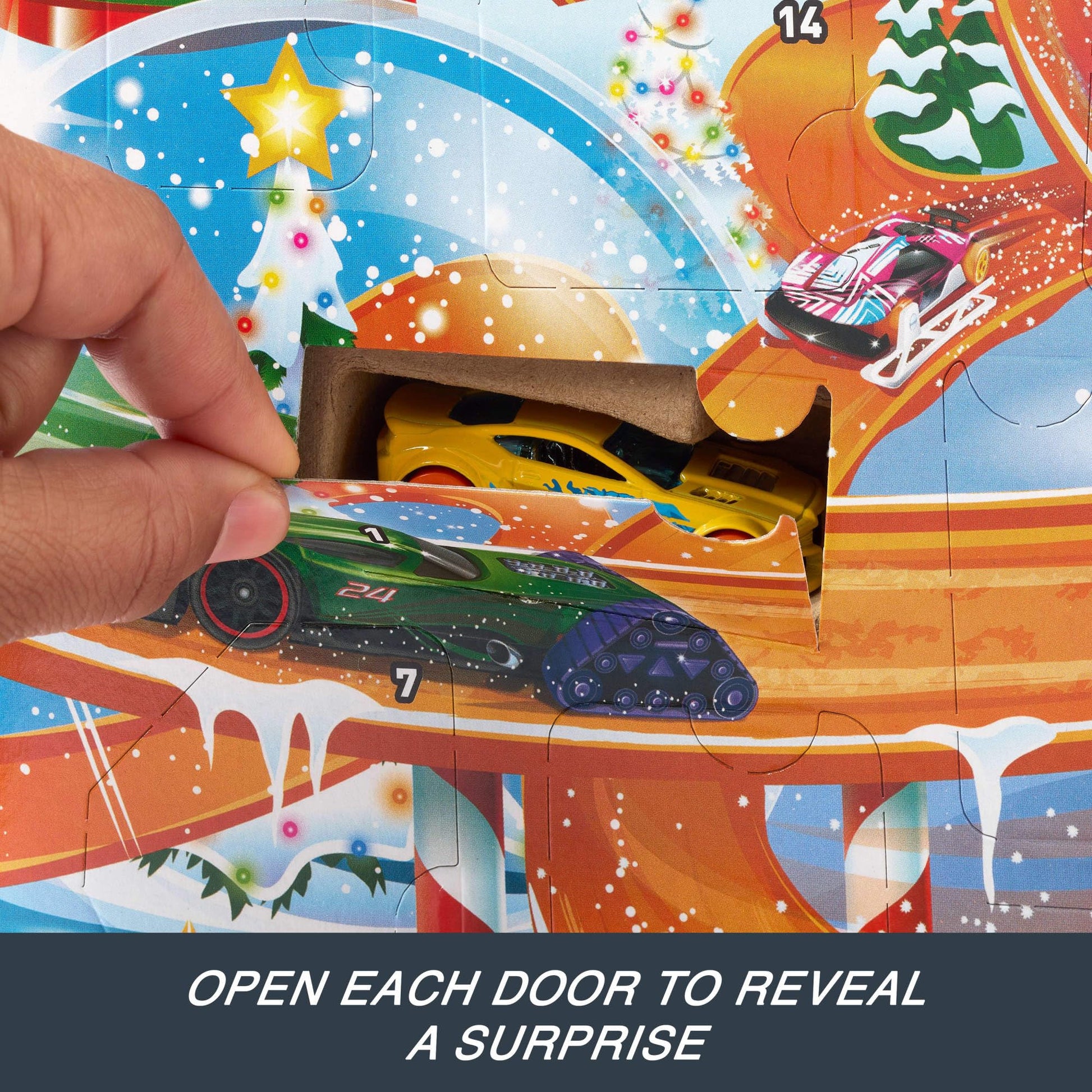 Hot Wheels Toy Cars, 2024 Advent Calendar, 8 1:64 Scale Cars, 16 Winter-Themed Accessories Behind 24 Numbered Doors & a Playmat - Medaid International