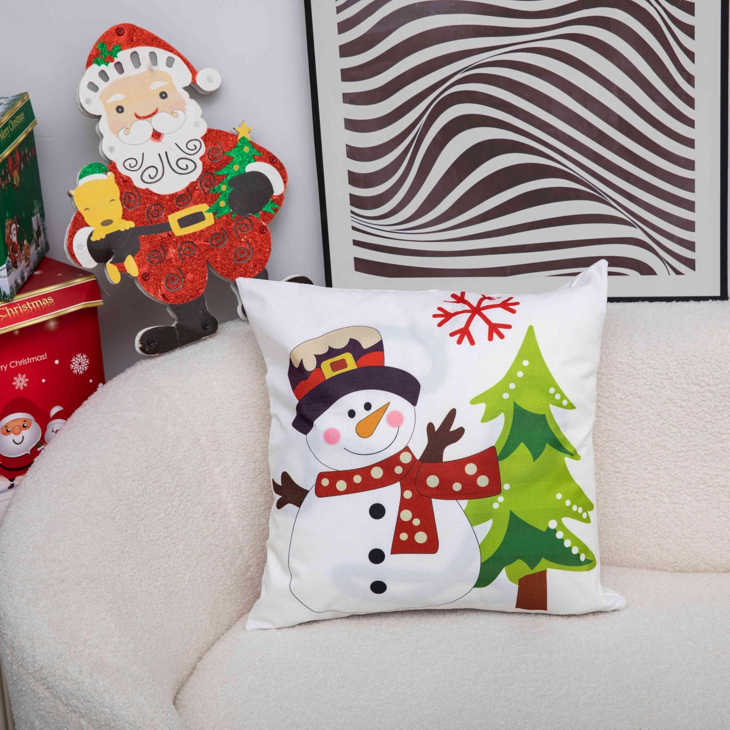 Christmas Snowman Pillow Cover Festive Winter Cushion Case with Tree and Snowflake for Sofa and Living Room - Medaid International
