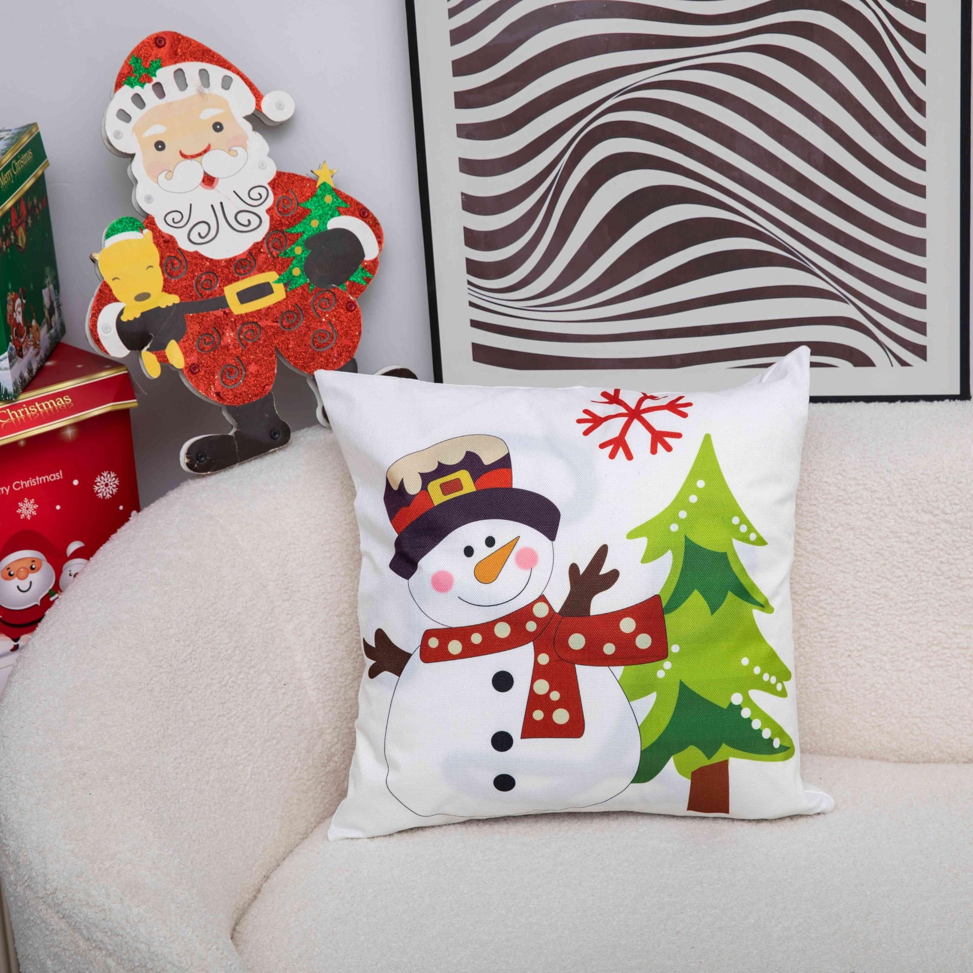 Christmas Snowman Pillow Cover Festive Winter Cushion Case with Tree and Snowflake for Sofa and Living Room - Medaid International