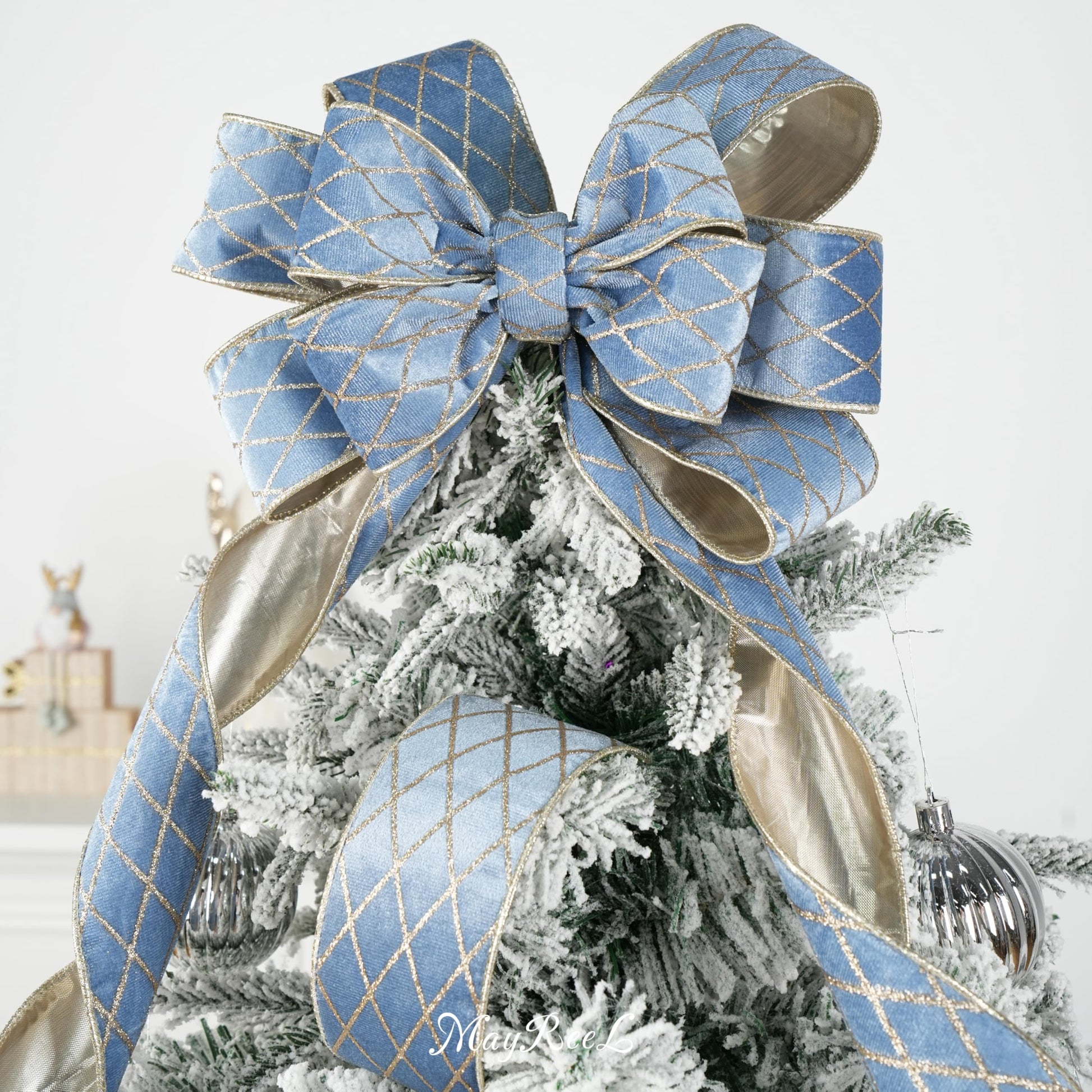 MAYREEL 2.5 Inch Dusty Blue and Gold Velvet Wired Ribbon Metallic Diamond Glitter Grid for Christmas Gift Wrapping Floral Craft Bows Wreaths Garland Holiday Decor 10 Yards - Medaid International