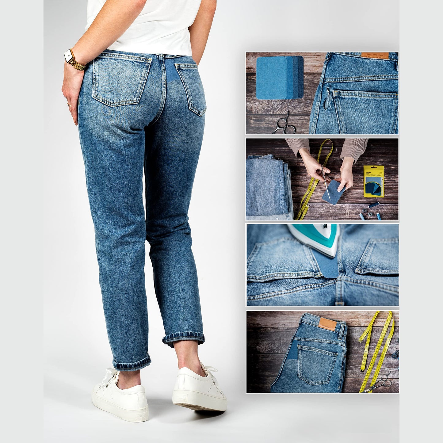 ZEFFFKA Denim Iron-on Patches Inside & Outside Strongest Glue 100% Cotton Black and White Repair Decorating Kit 12 Pieces Shades of Blue Size 3" by 4-1/4" (7.5 cm x 10.5 cm) - Medaid International